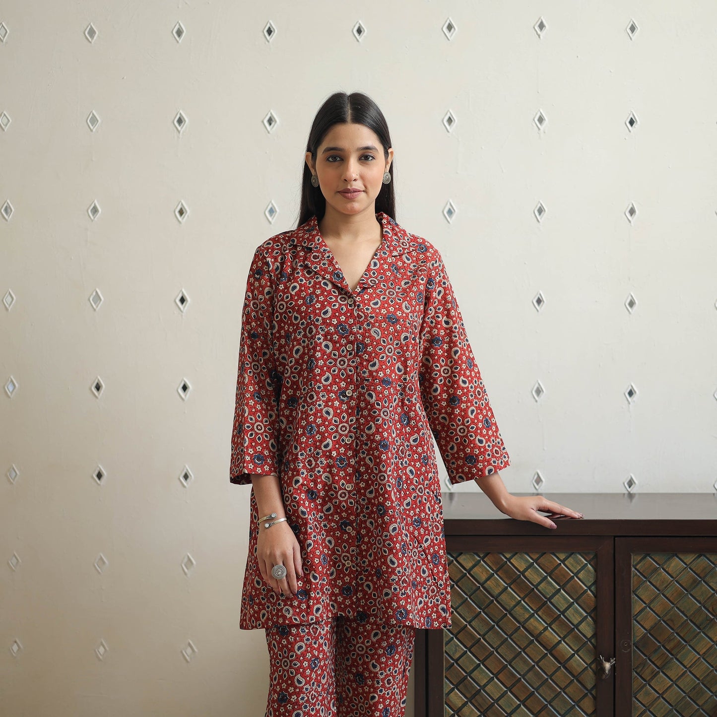 Red - cotton night suit set 21 - handcrafted
