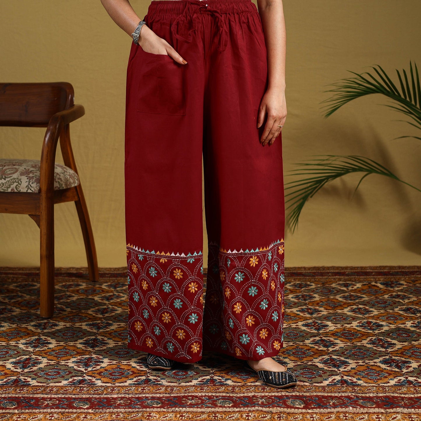 Red Cotton Bengal Kantha Hand Embroidery Palazzo