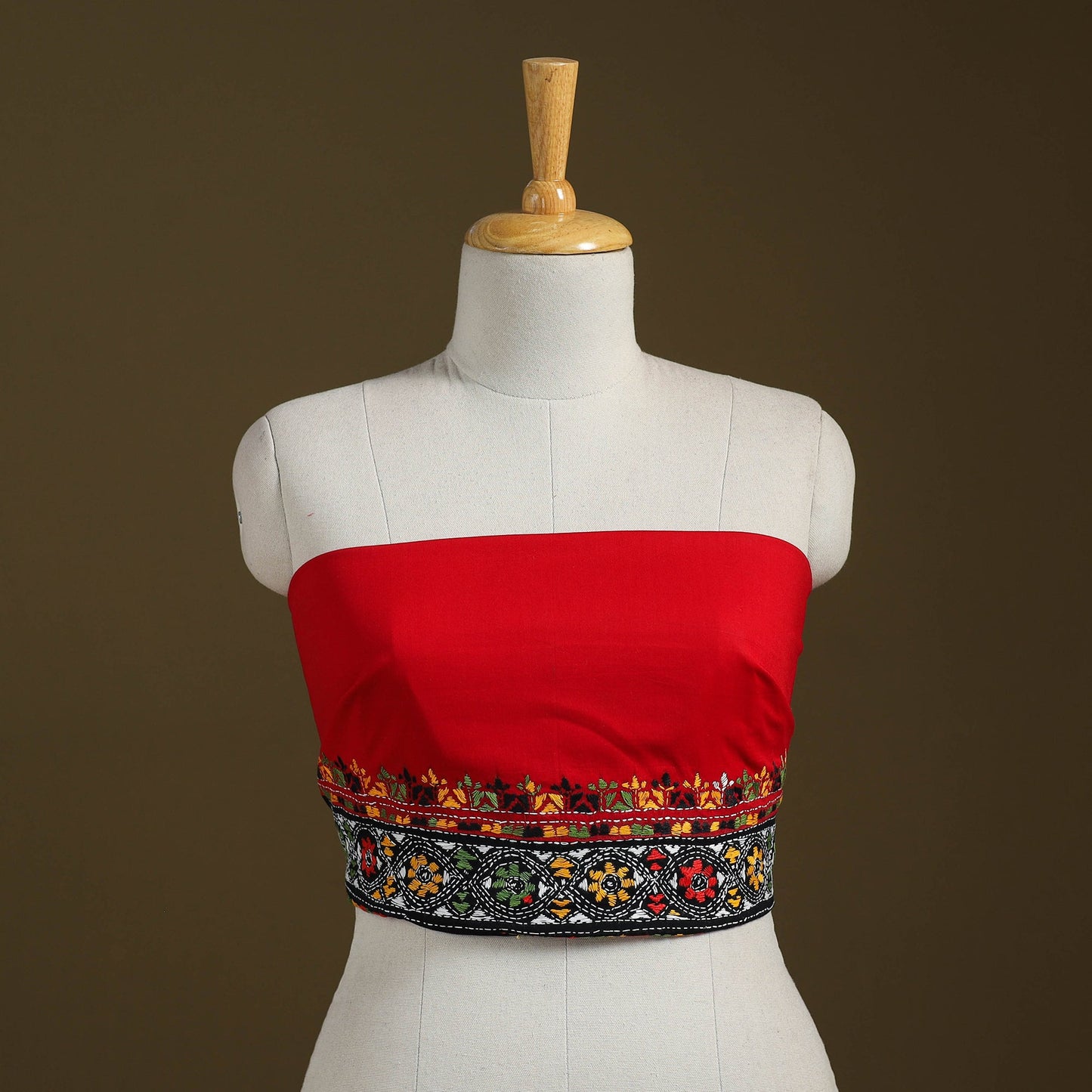 Red Cotton Bengal Kantha Stitch Blouse Piece