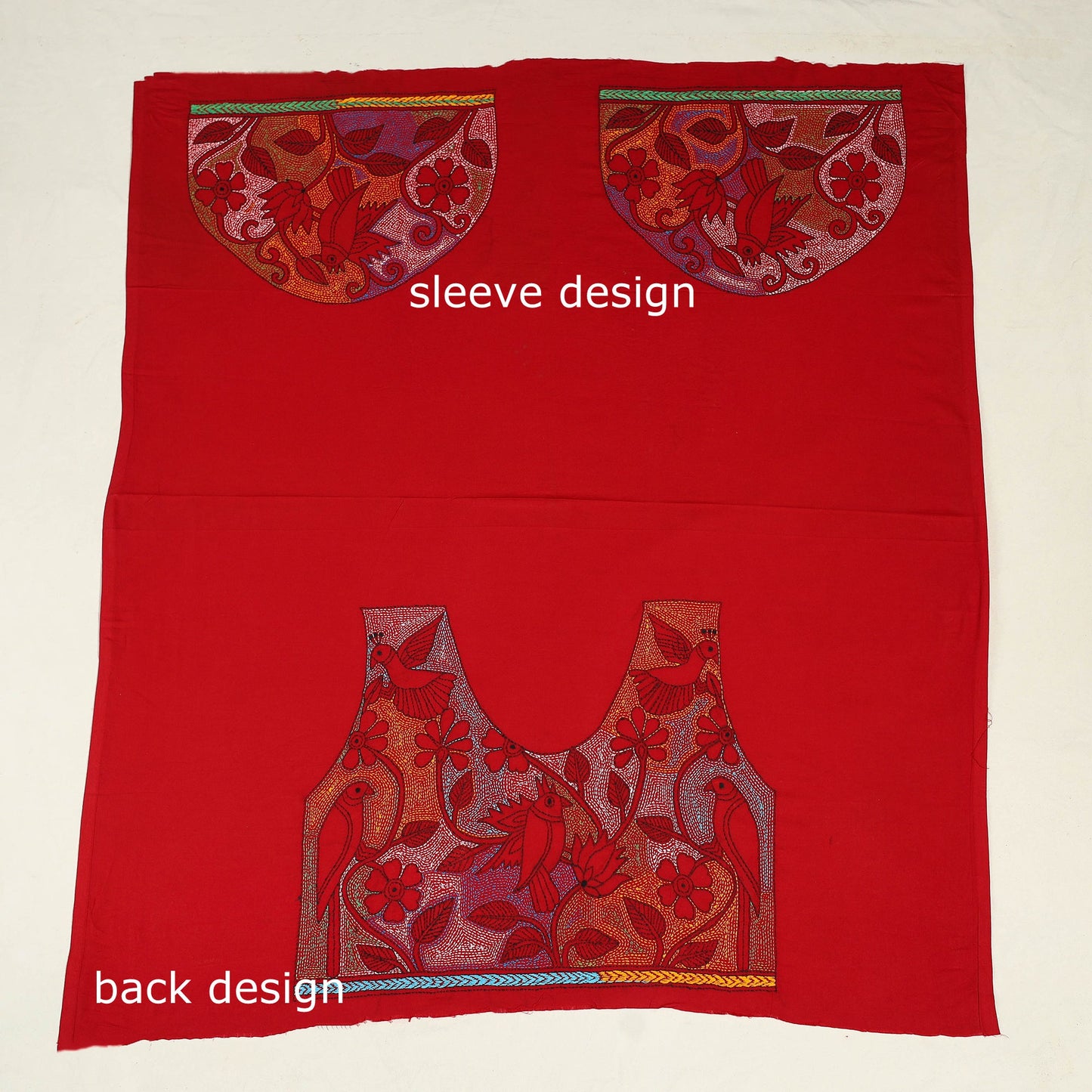 Red Cotton Bengal Kantha Stitch Blouse Piece