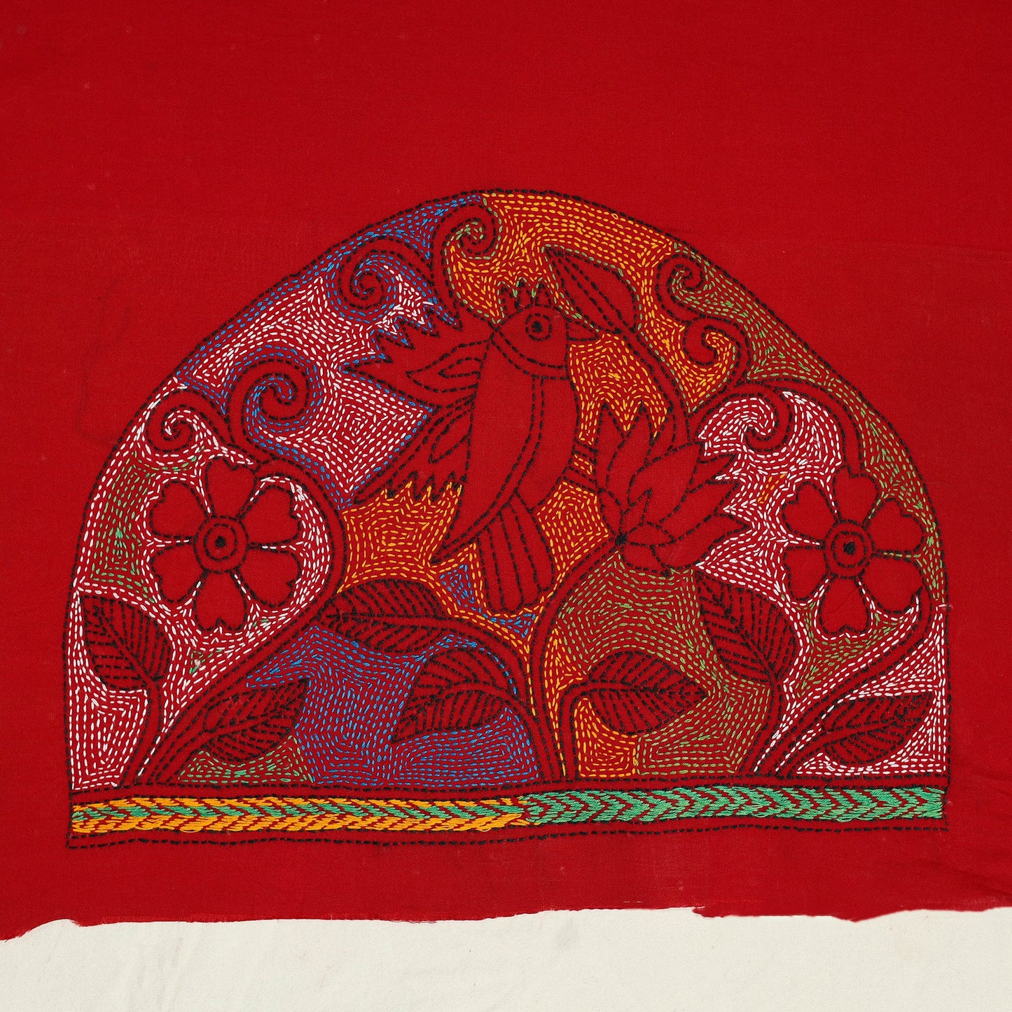 Red Cotton Bengal Kantha Stitch Blouse Piece