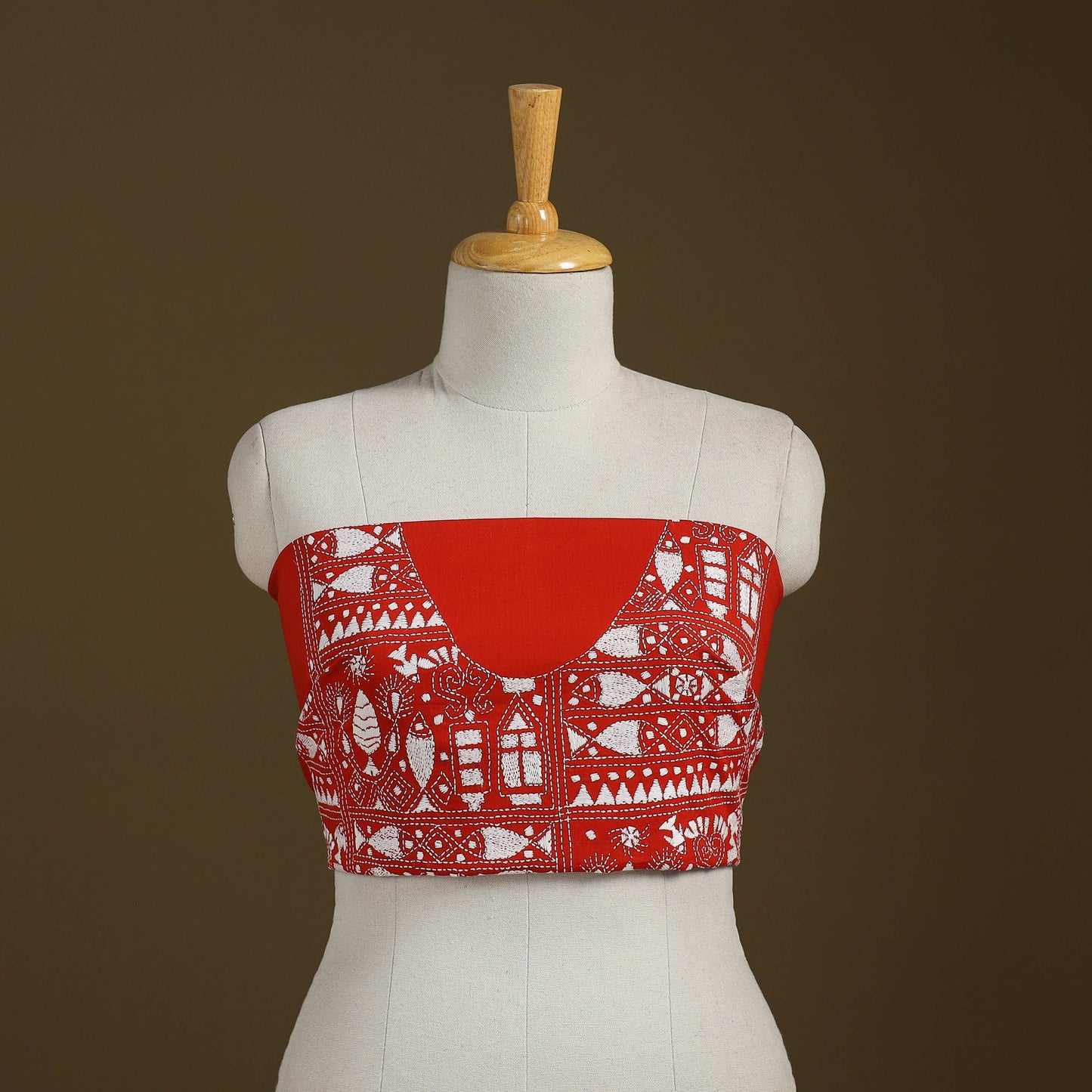 Red Cotton Bengal Kantha Stitch Blouse Piece