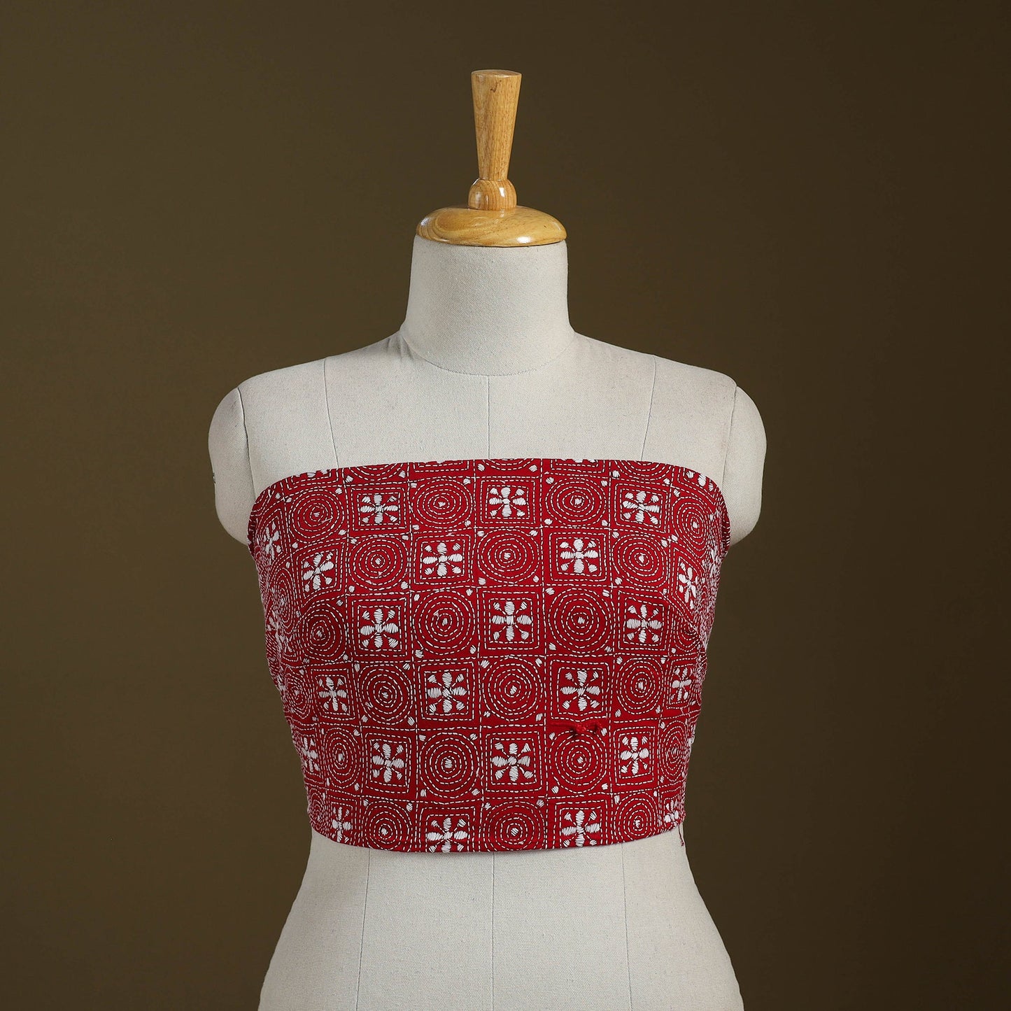 Red Cotton Bengal Kantha Stitch Blouse Piece