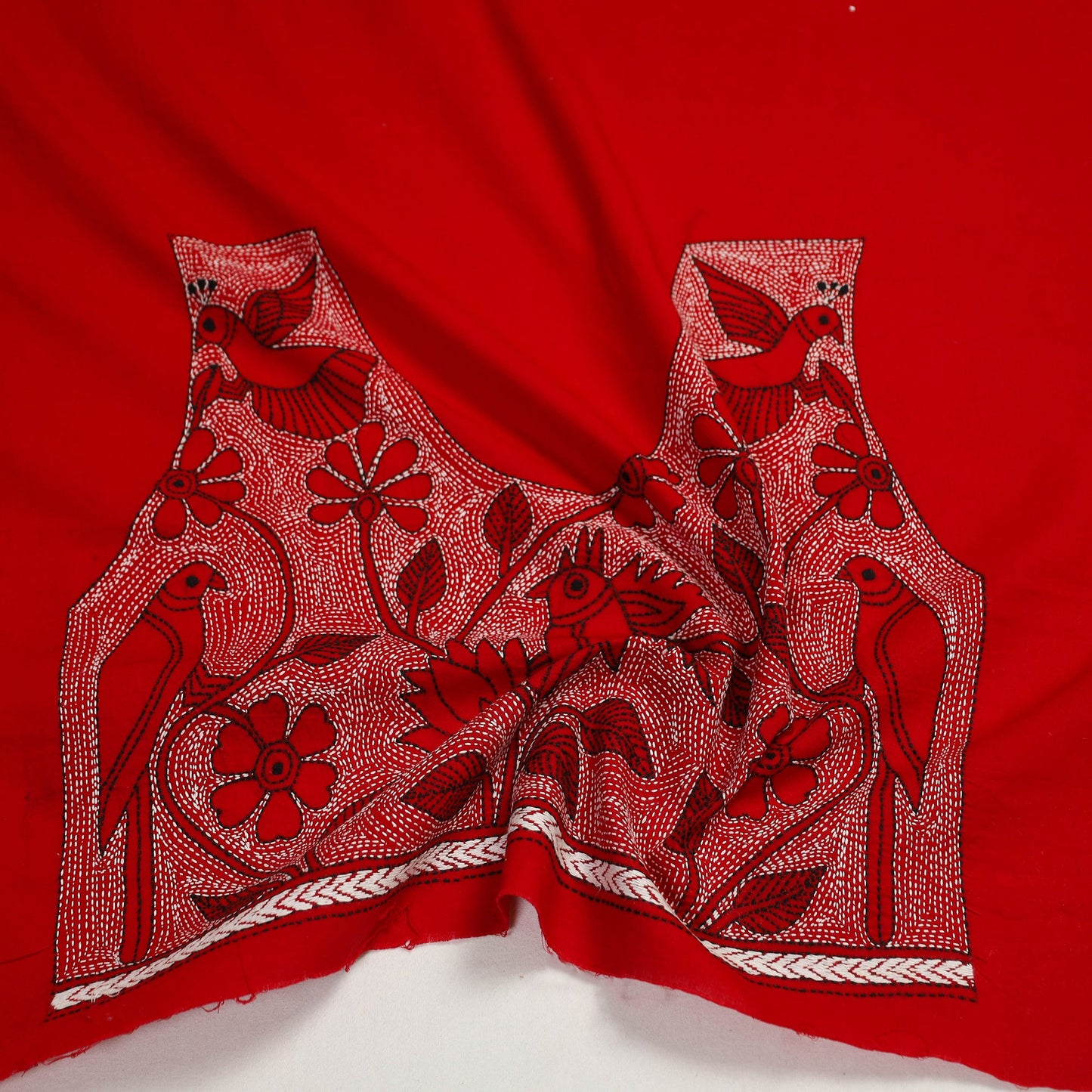 Buy Cotton Red Bengal Kantha Work Blouse Piece