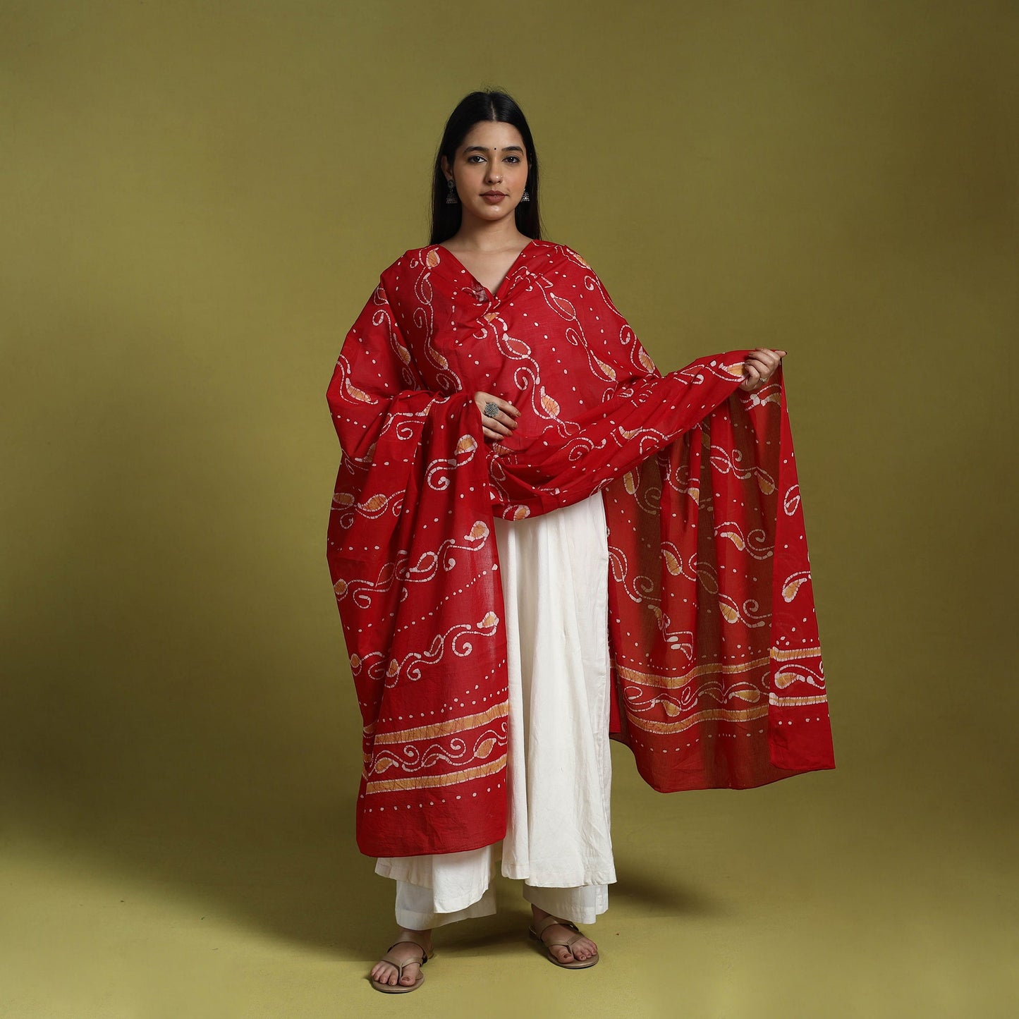 Red Cotton Hand Batik Print Dupatta