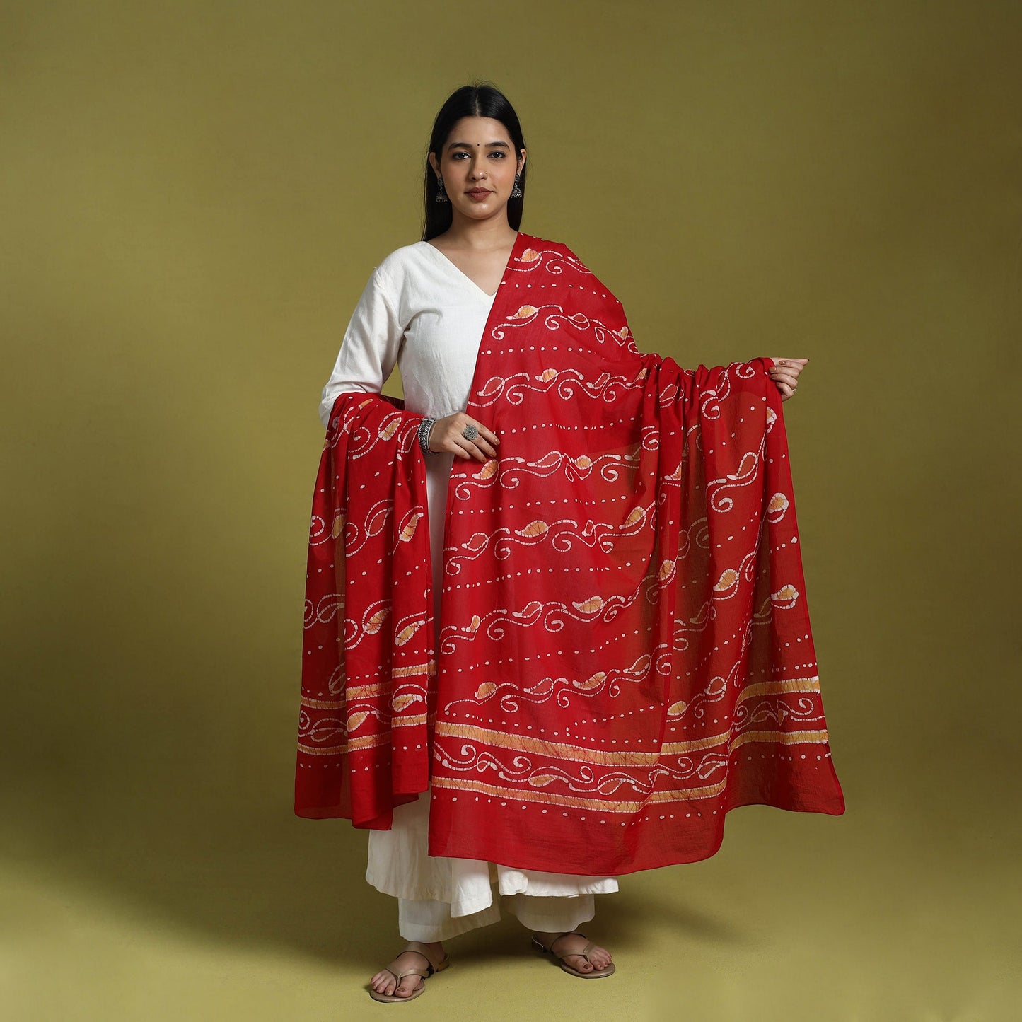 Red Cotton Hand Batik Print Dupatta