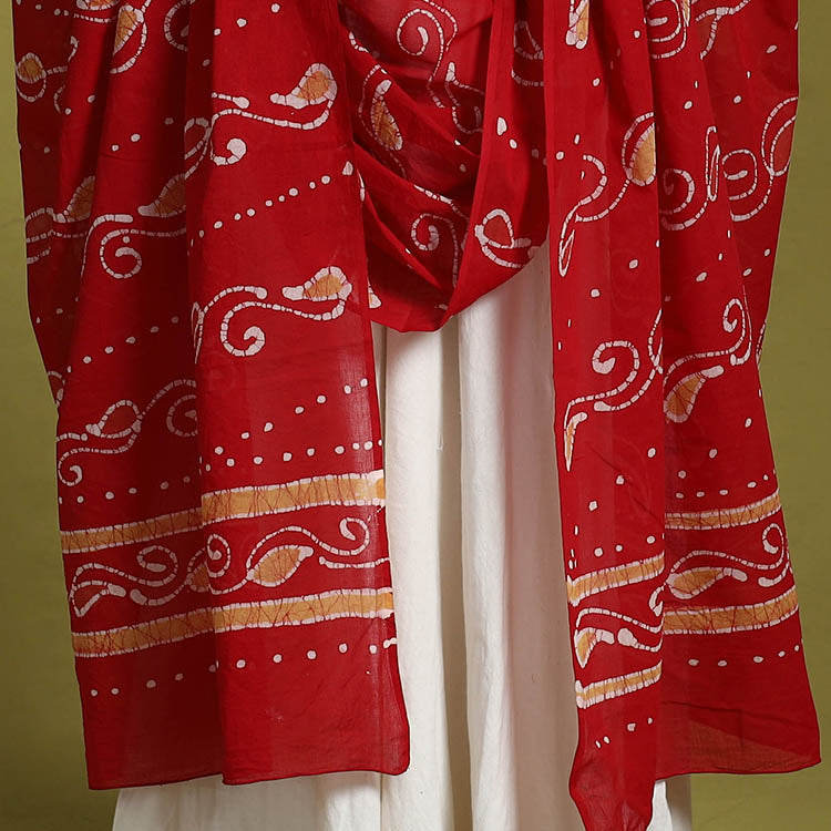 Red Cotton Hand Batik Print Dupatta