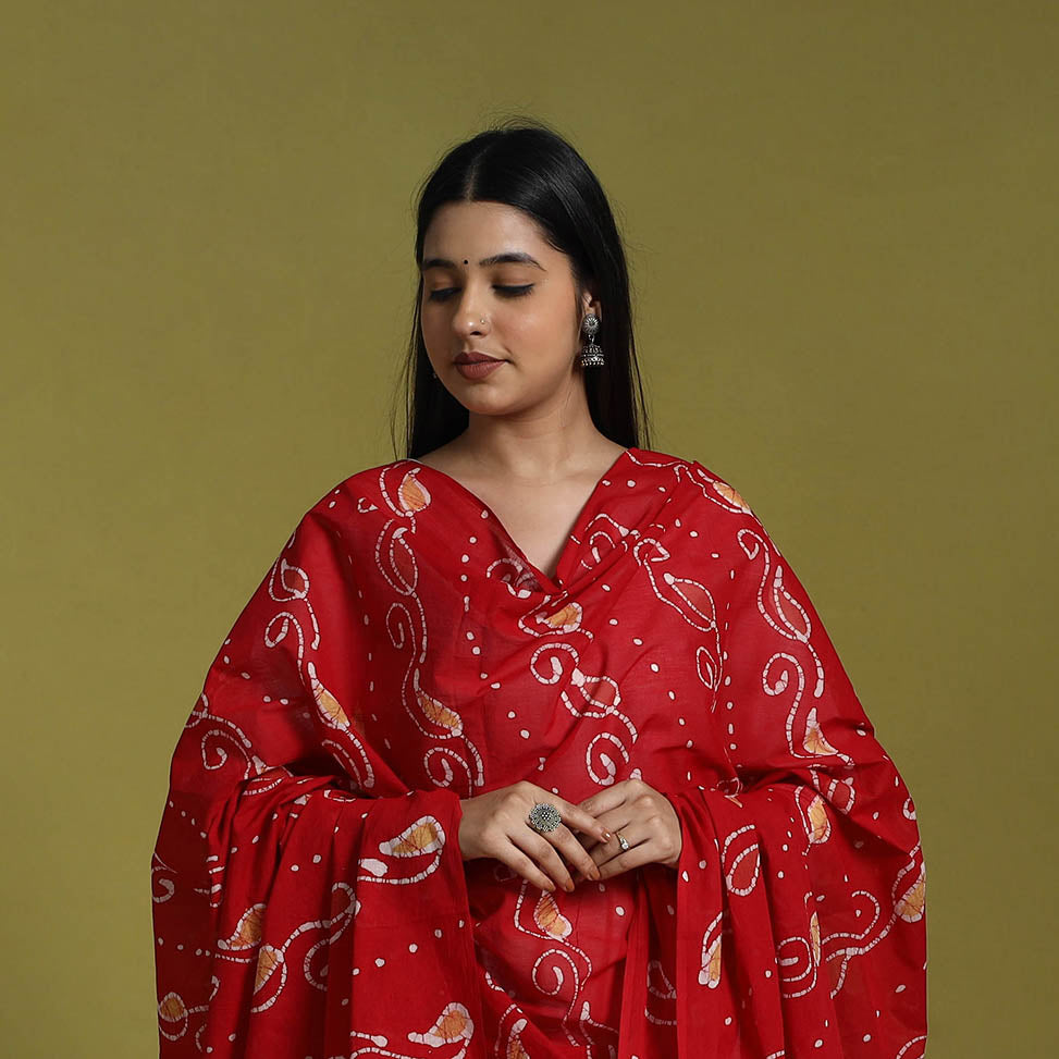 Red Cotton Hand Batik Print Dupatta