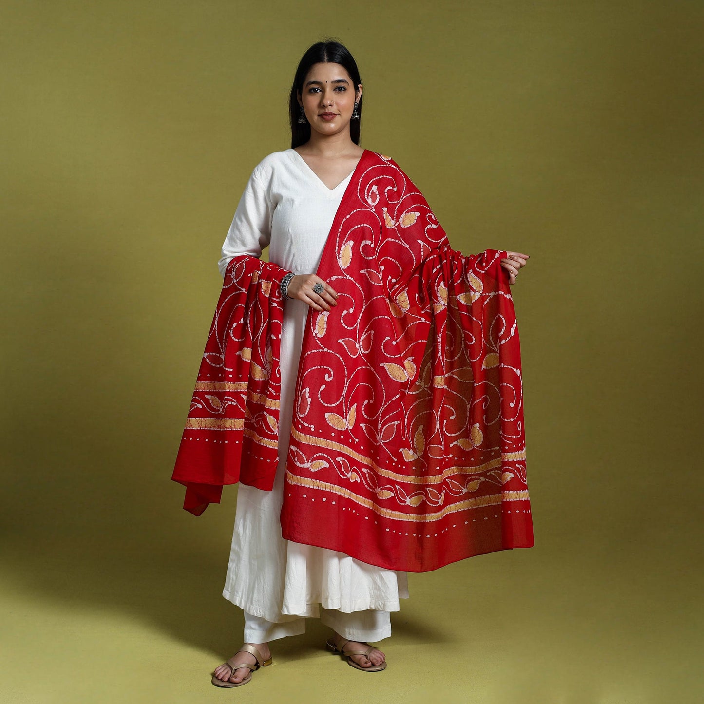 Red Cotton Hand Batik Print Dupatta