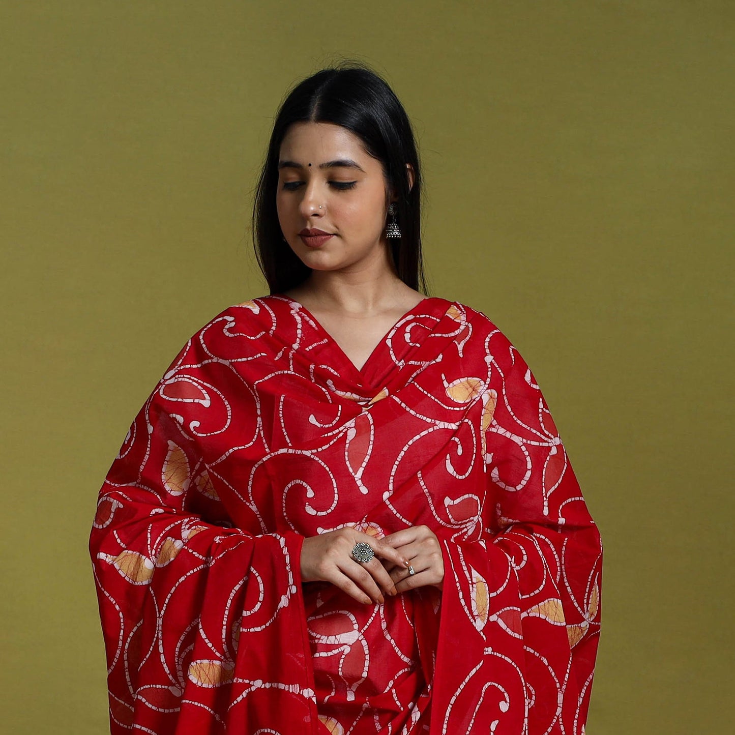 Red Cotton Hand Batik Print Dupatta