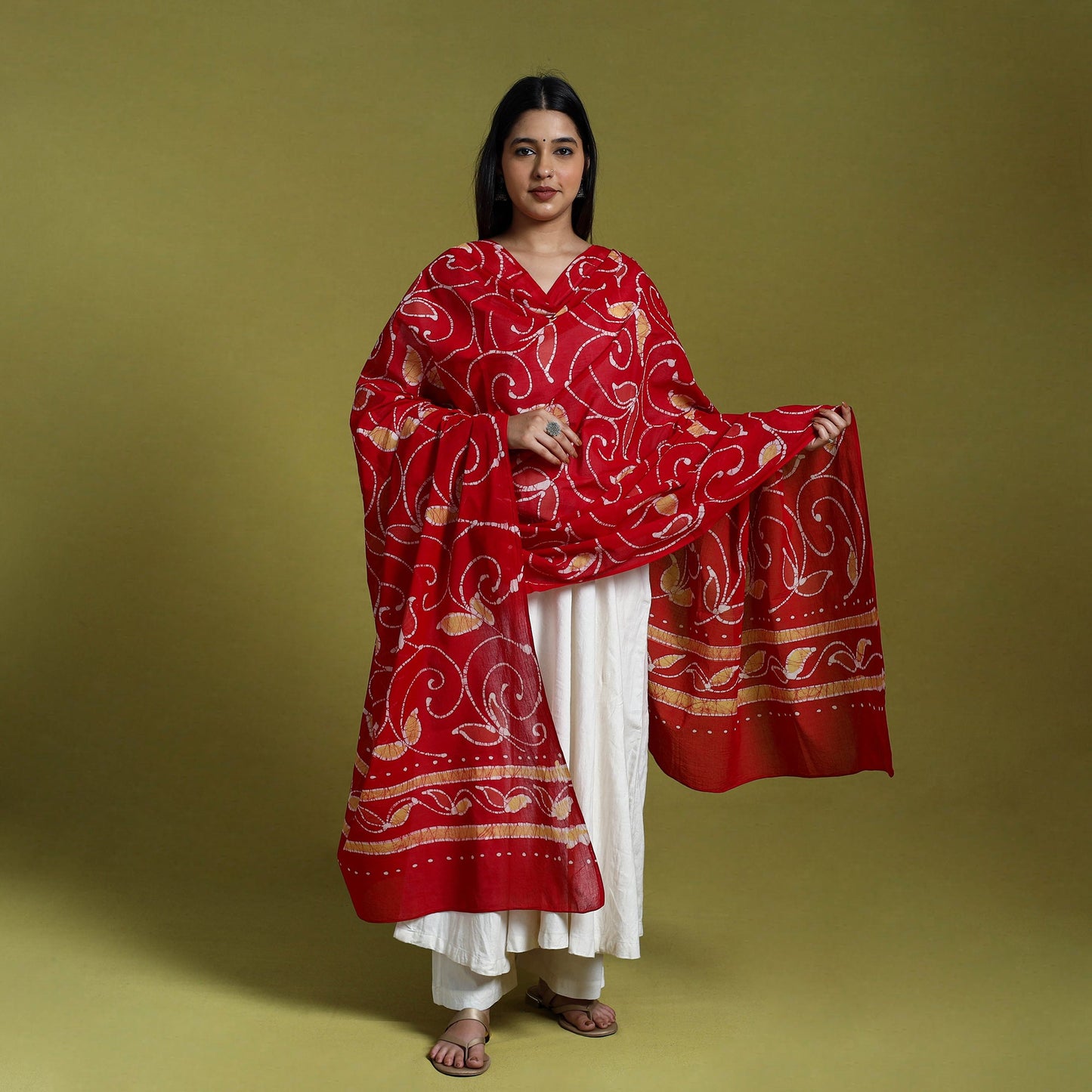 Red Cotton Hand Batik Print Dupatta
