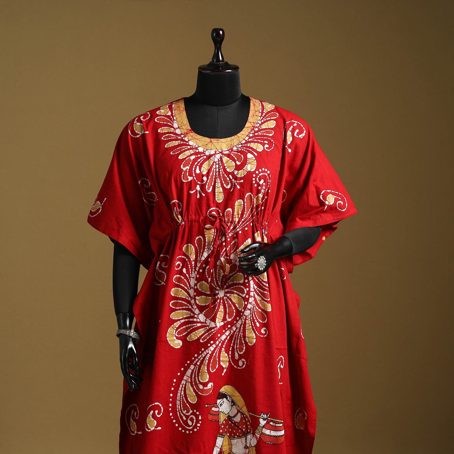 Red - cotton hand batik kaftan with tie-up waist (long) 38