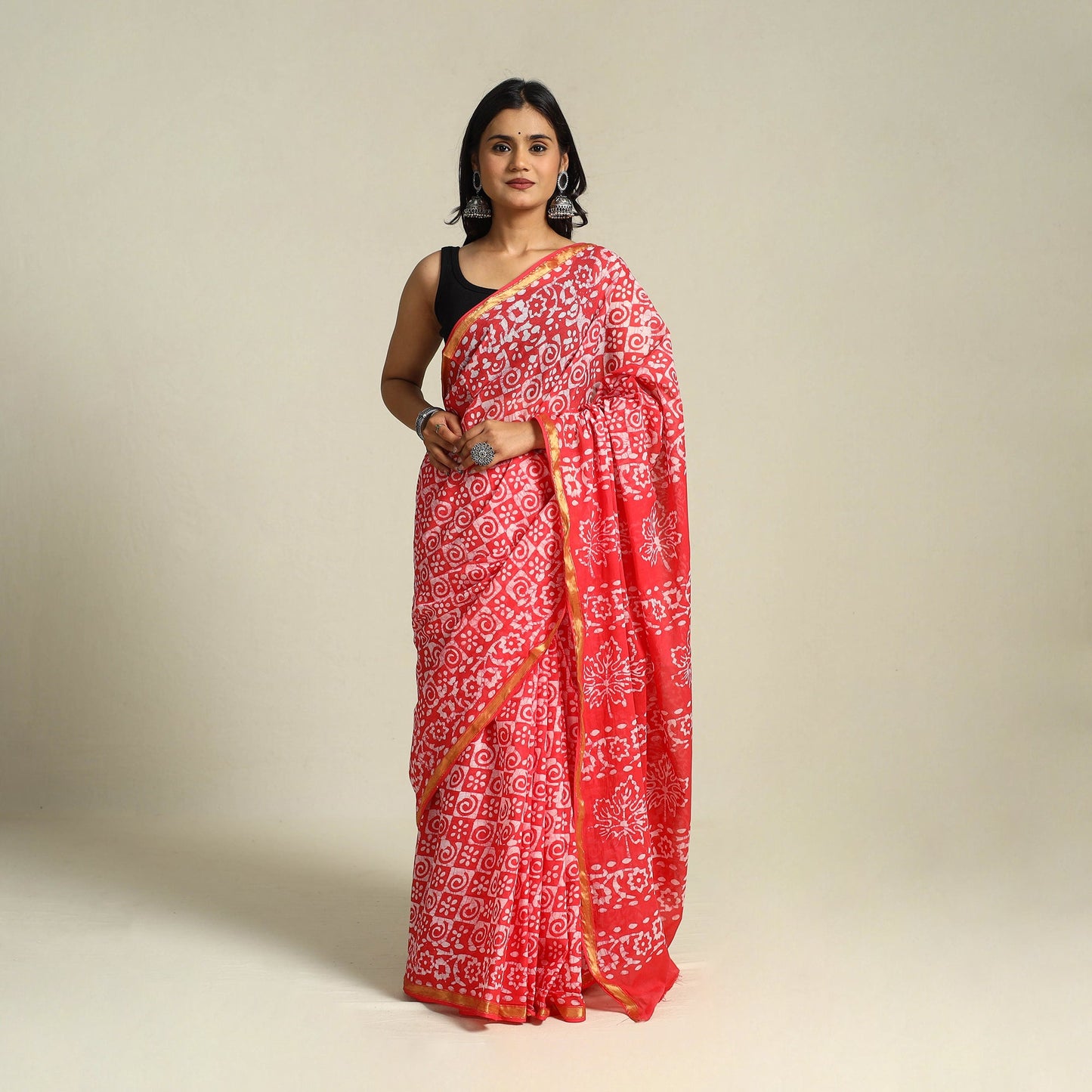 Red Cotton Hand Batik Print Saree with Blouse Piece