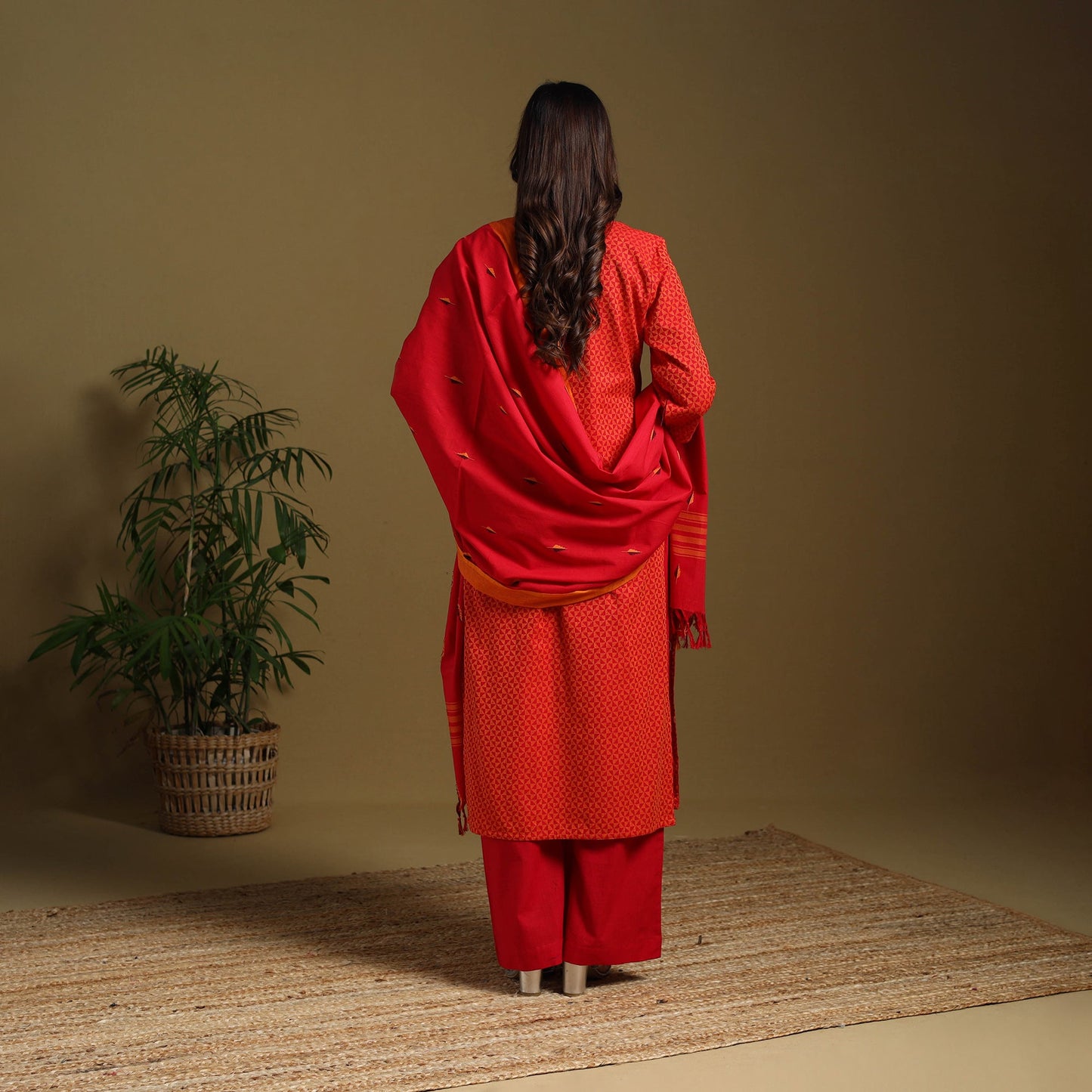 Red - cotton jacquard kurta set (set of 3) 14 - handcrafted