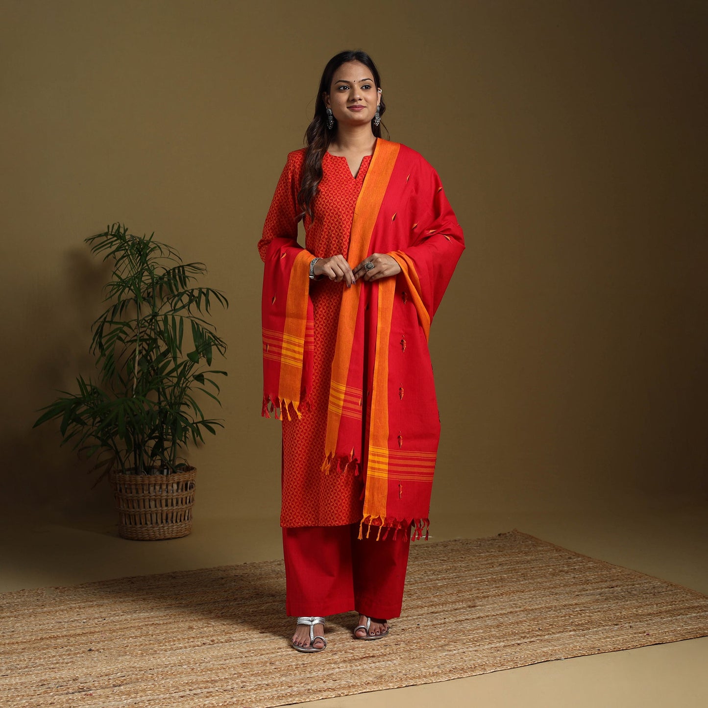 Red - cotton jacquard kurta set (set of 3) 14 - handcrafted