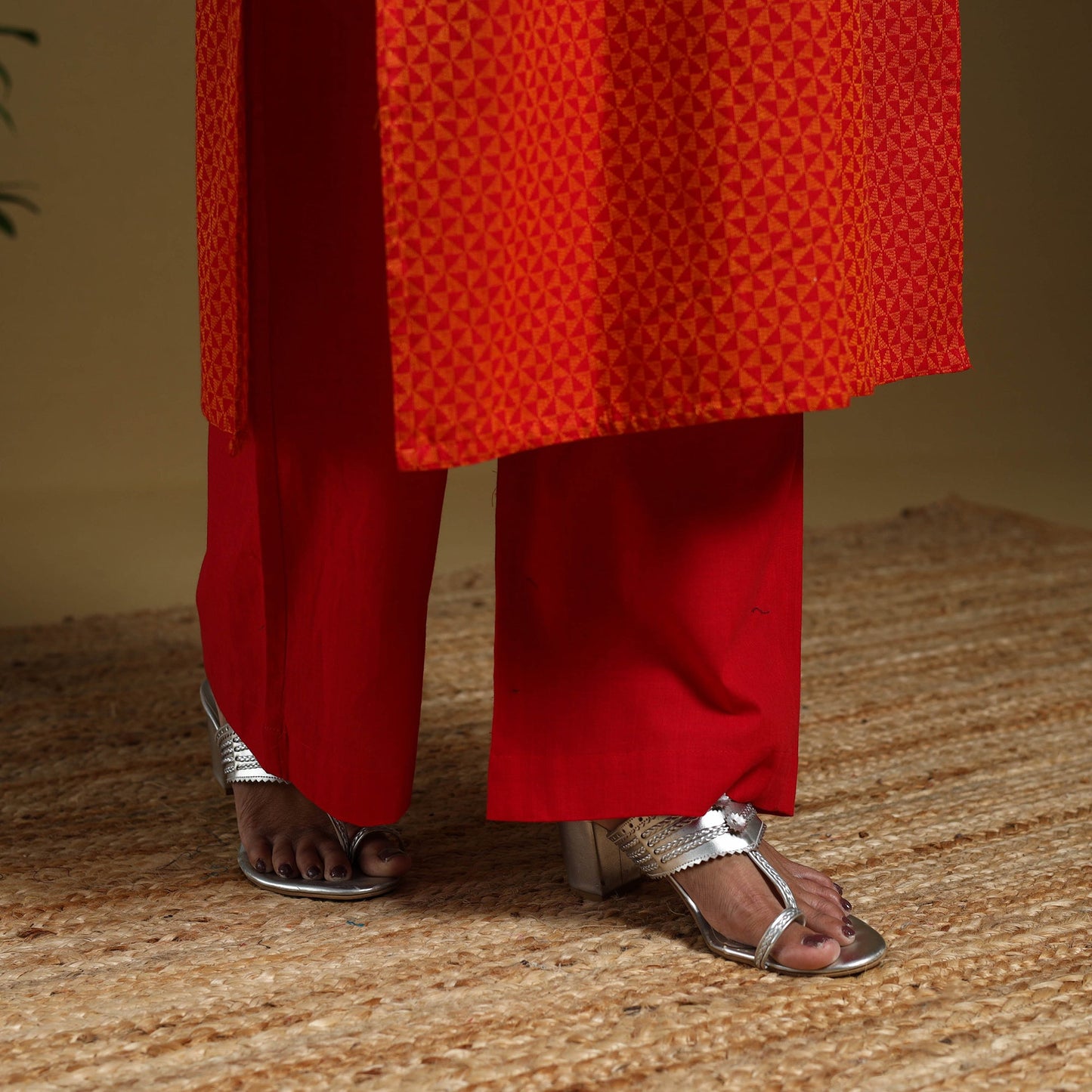 Red - cotton jacquard kurta set (set of 3) 14 - handcrafted