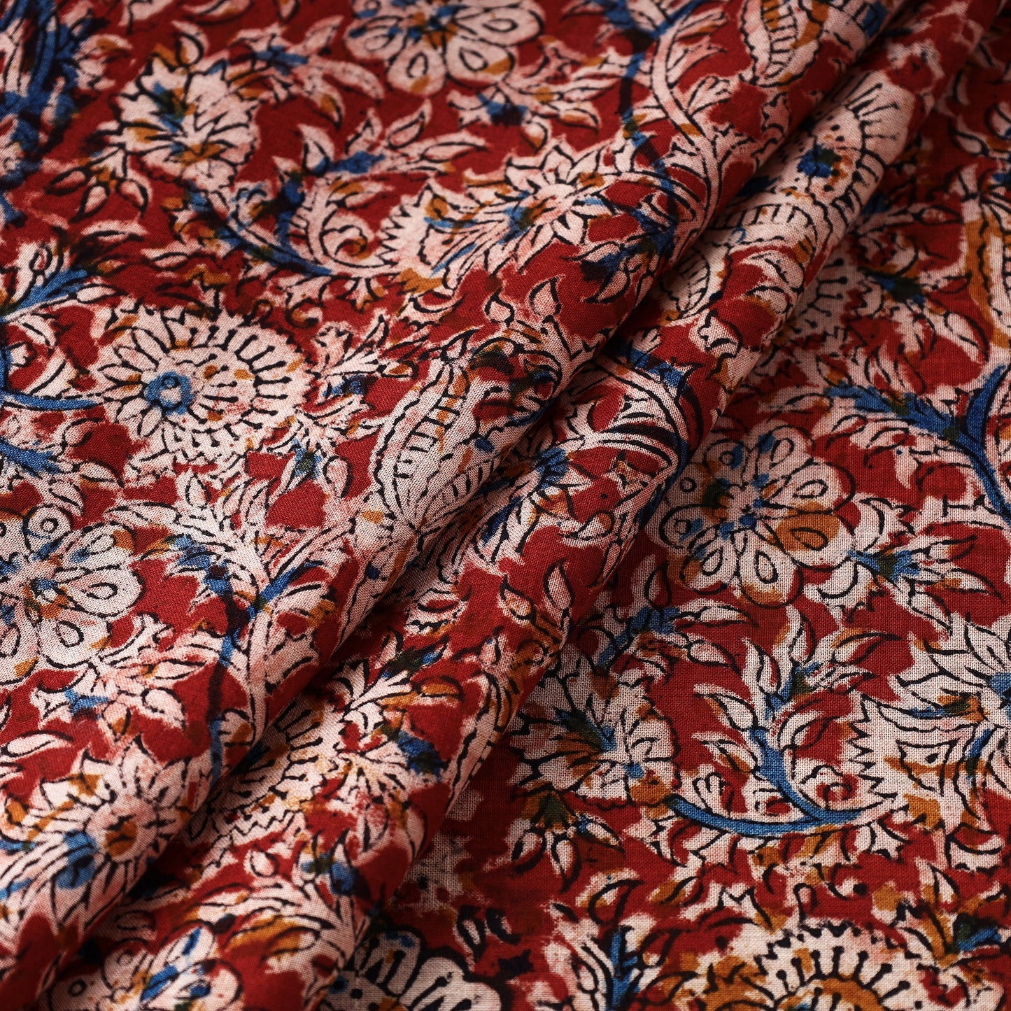 Black Block Print Cotton Kalamkari Fabric