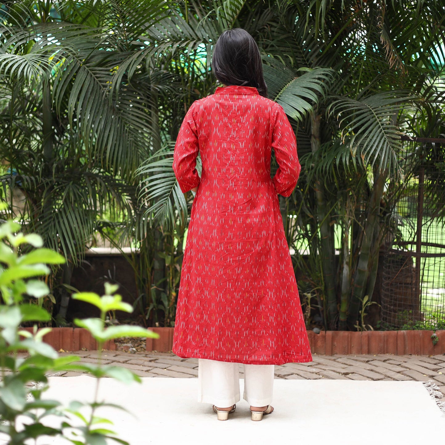 Red Cotton A-Line Pochampally Ikat Kurta for women