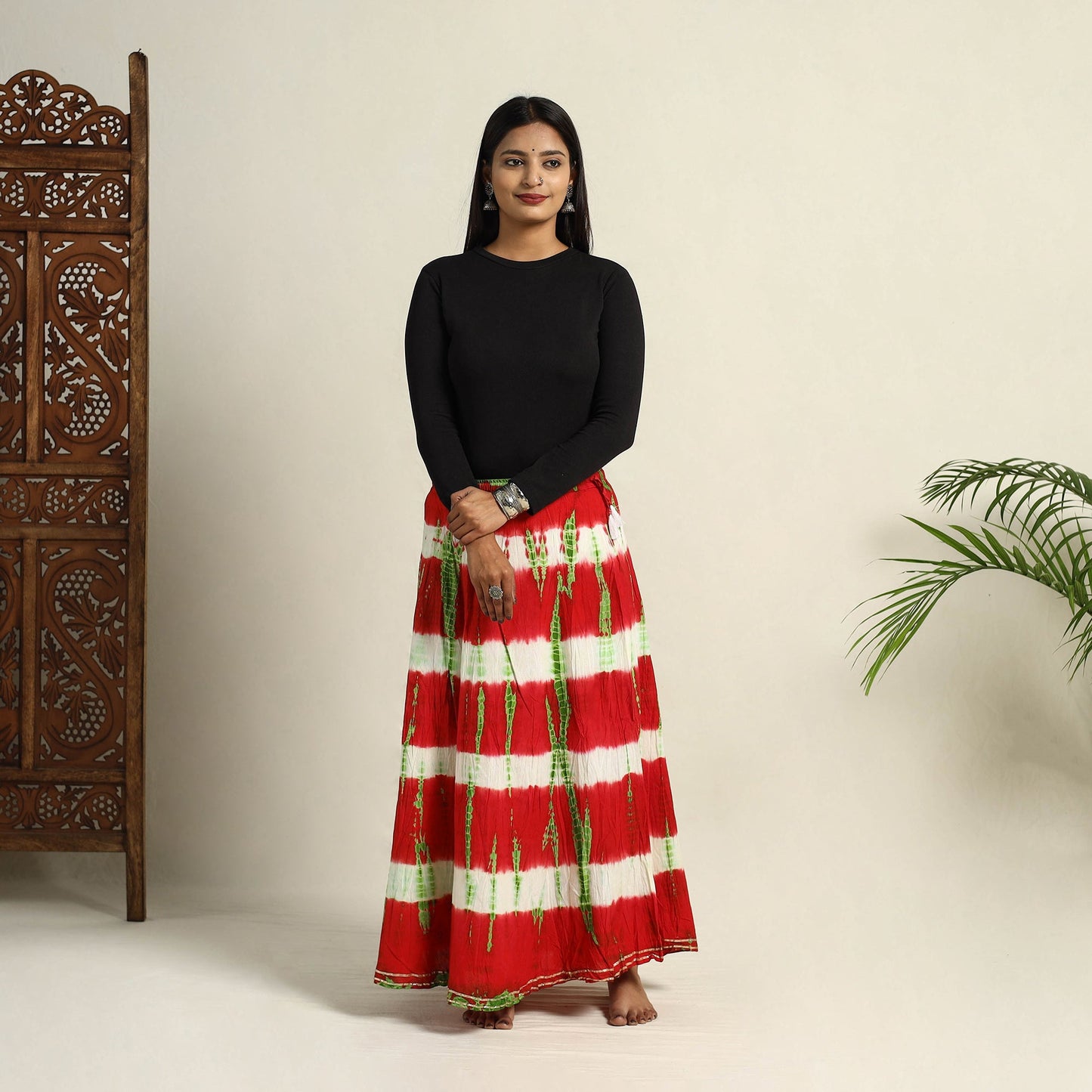 Red - Cotton Long Shibori Tie-Dye Skirt 10