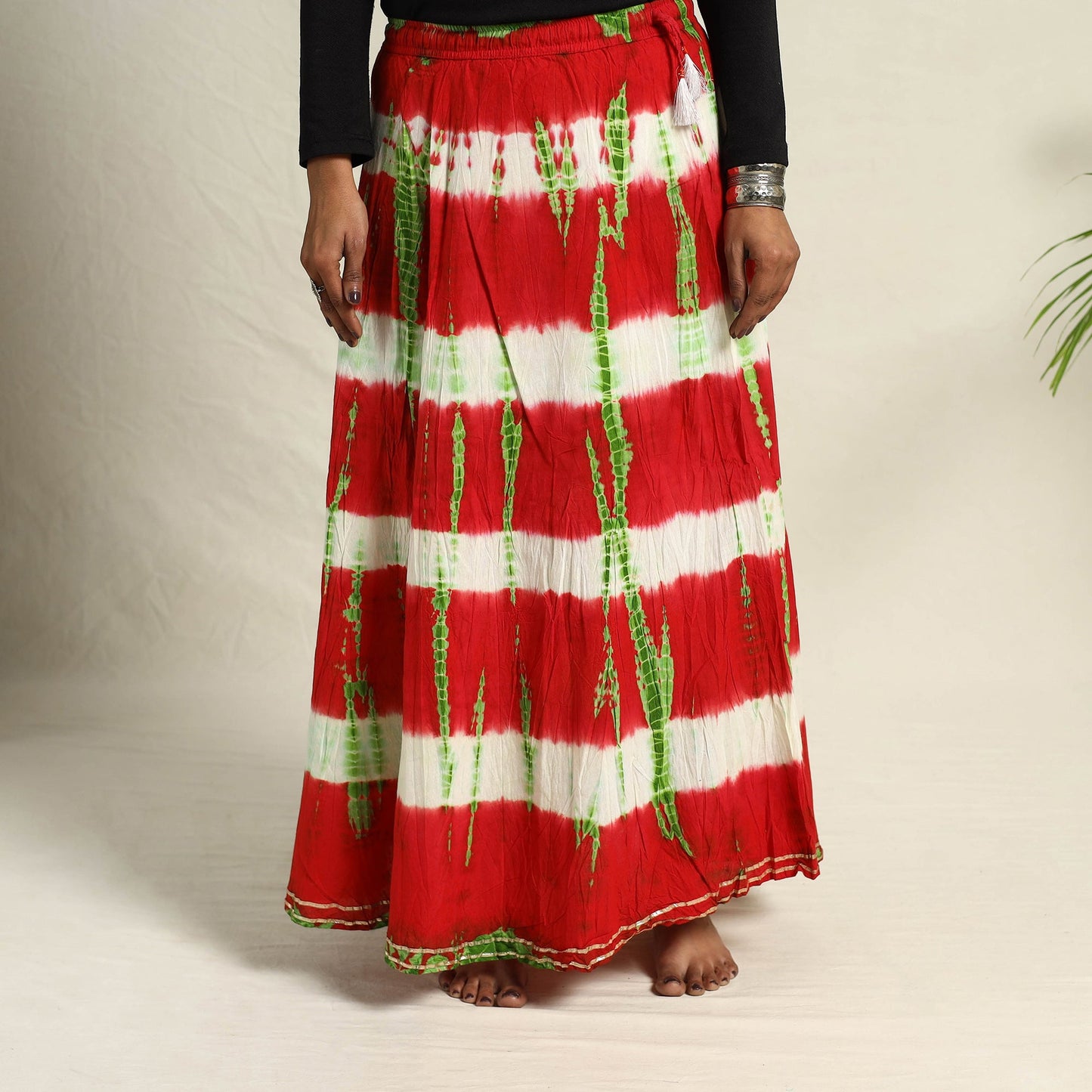 Red - Cotton Long Shibori Tie-Dye Skirt 10