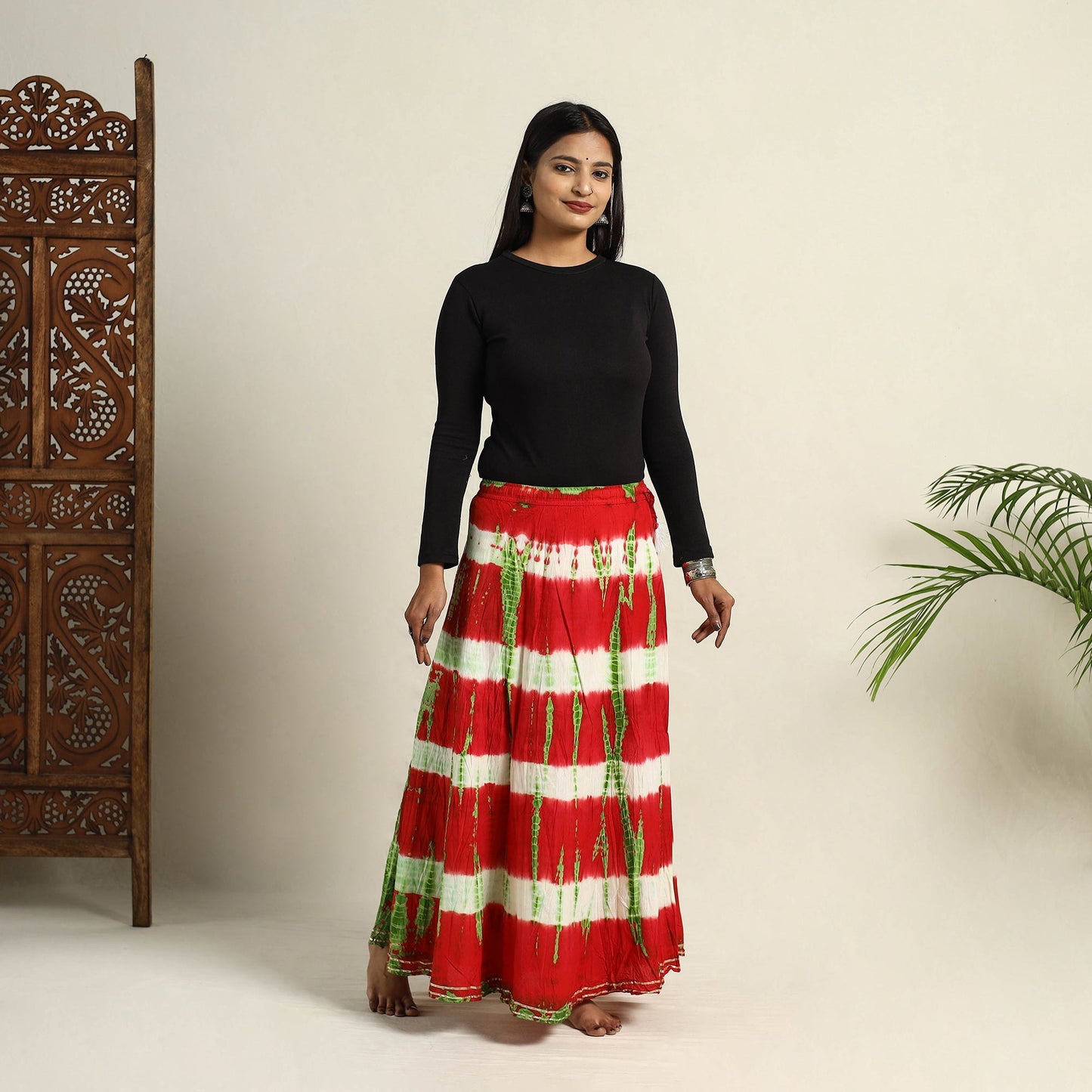 Red - Cotton Long Shibori Tie-Dye Skirt 10