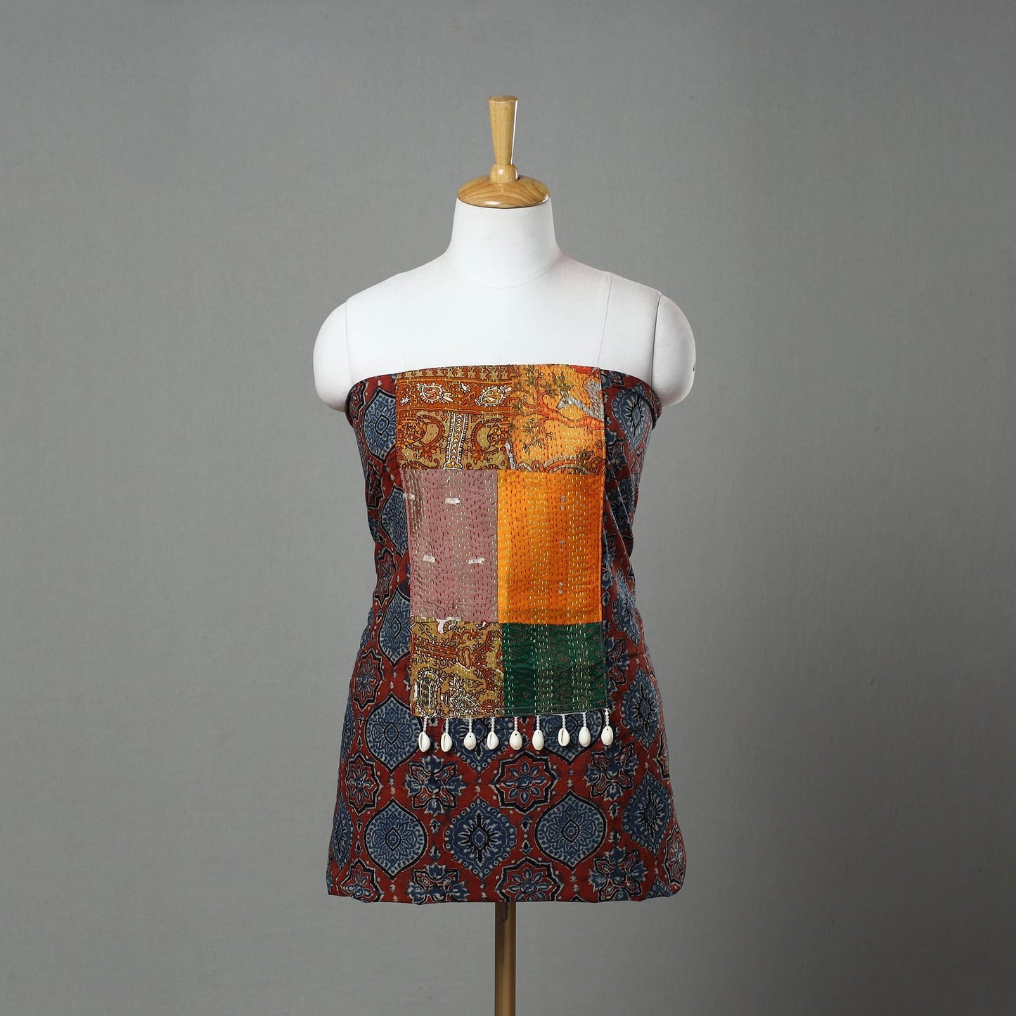 Red Ajrakh Print Cotton Patchwork Kurta Material (3m)