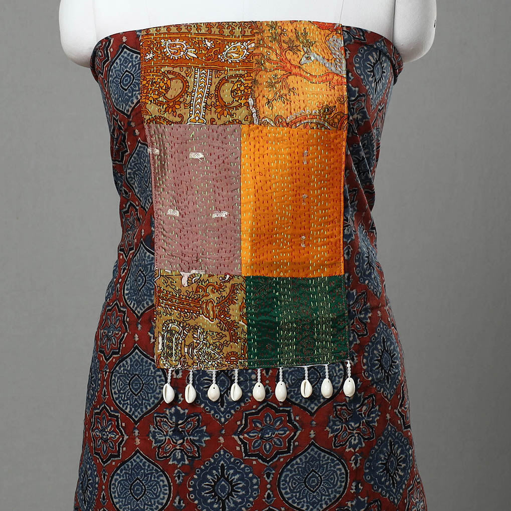 Red Ajrakh Print Cotton Patchwork Kurta Material (3m)