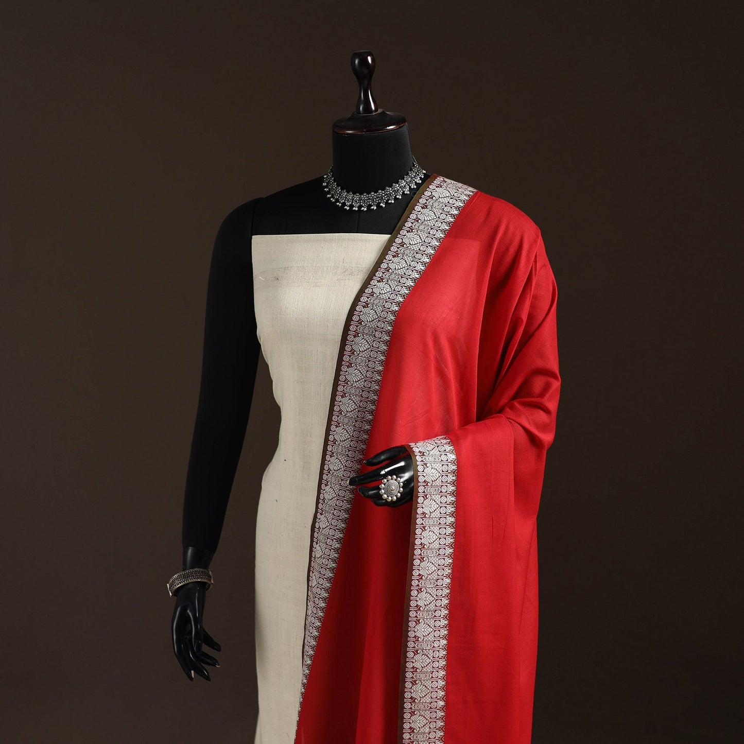 Cotton plain dupatta with thread border 60 - handcrafted