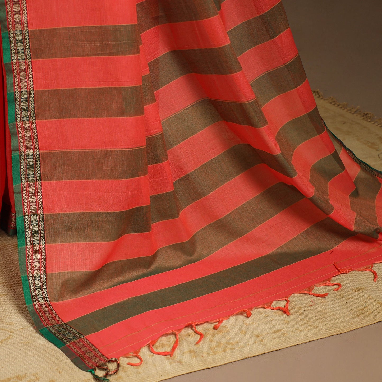 Red - cotton plain saree with thread border 38 - handcrafted