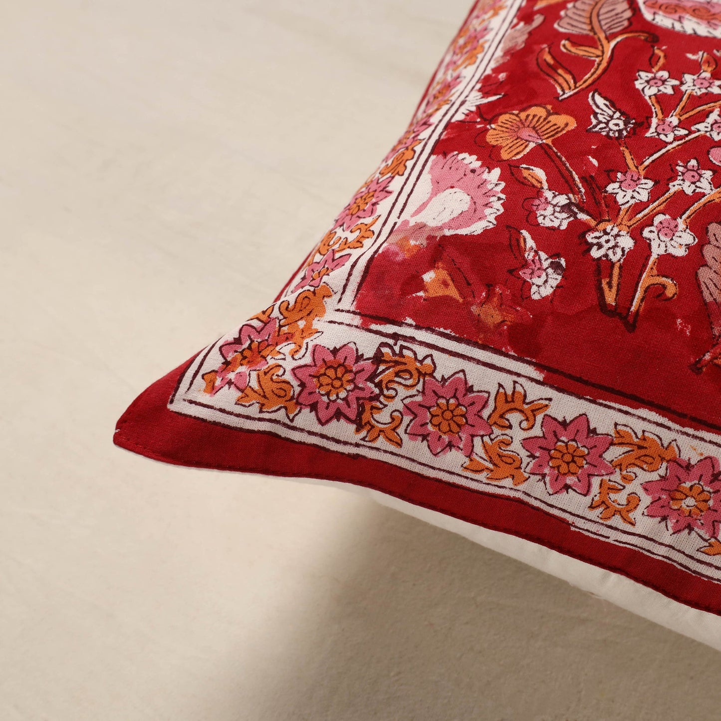 Red - cotton sanganeri floral cushion cover (16 x 16 in) 03