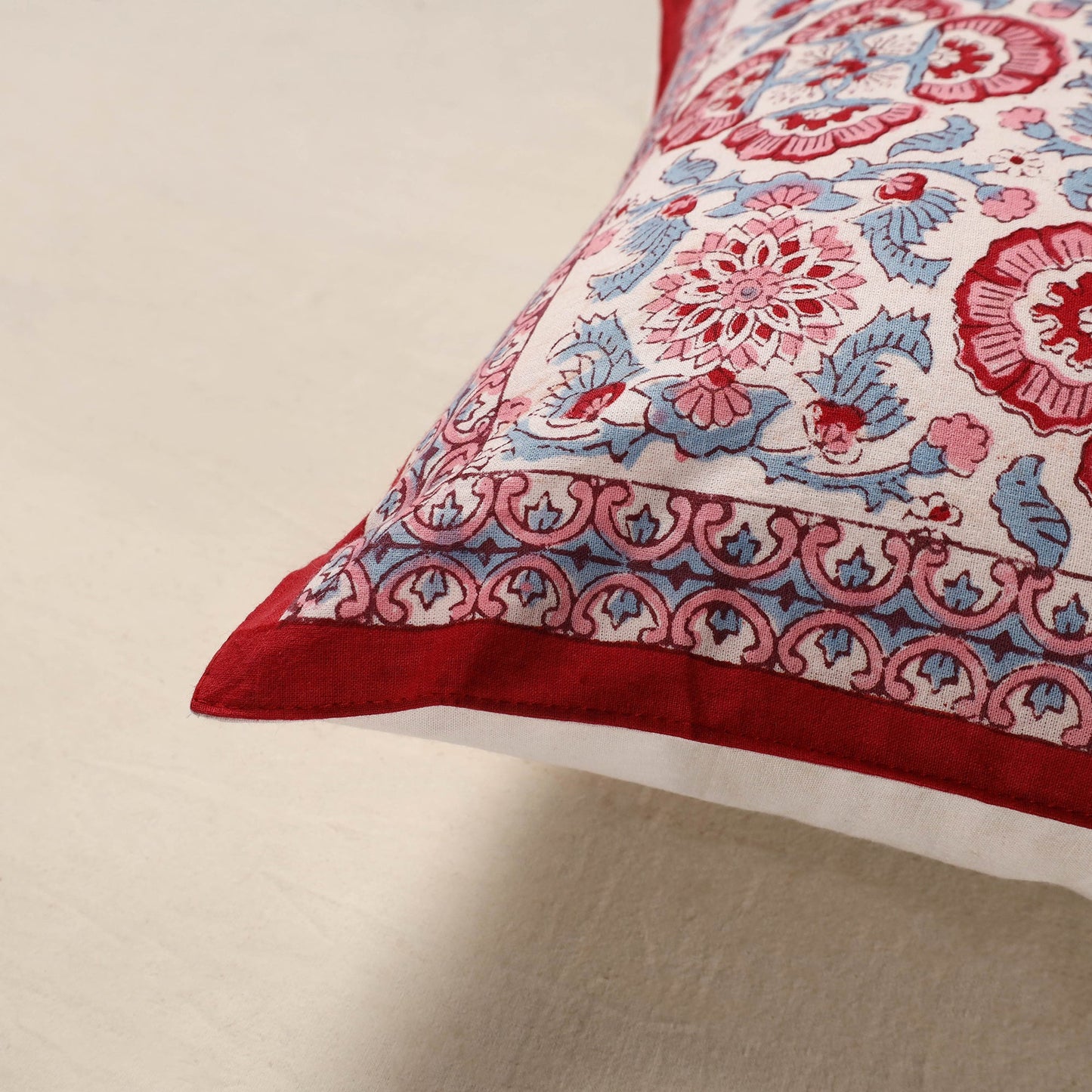 Red - cotton sanganeri floral cushion cover (16 x 16 in) 07