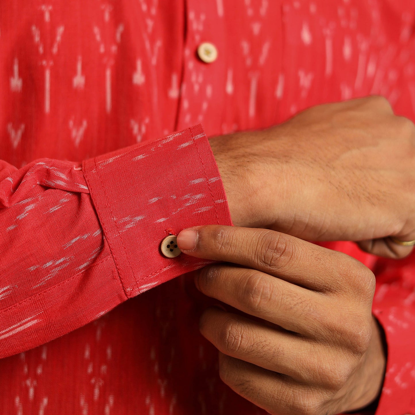 Red Cotton Short Pochampally Ikat Kurta for Men