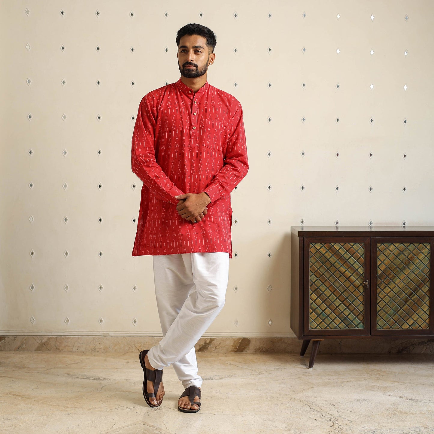 Red Cotton Short Pochampally Ikat Kurta for Men