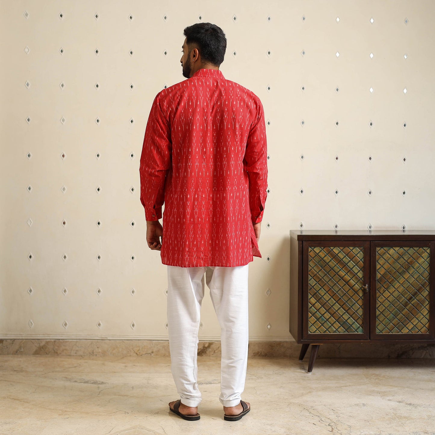 Red Cotton Short Pochampally Ikat Kurta for Men