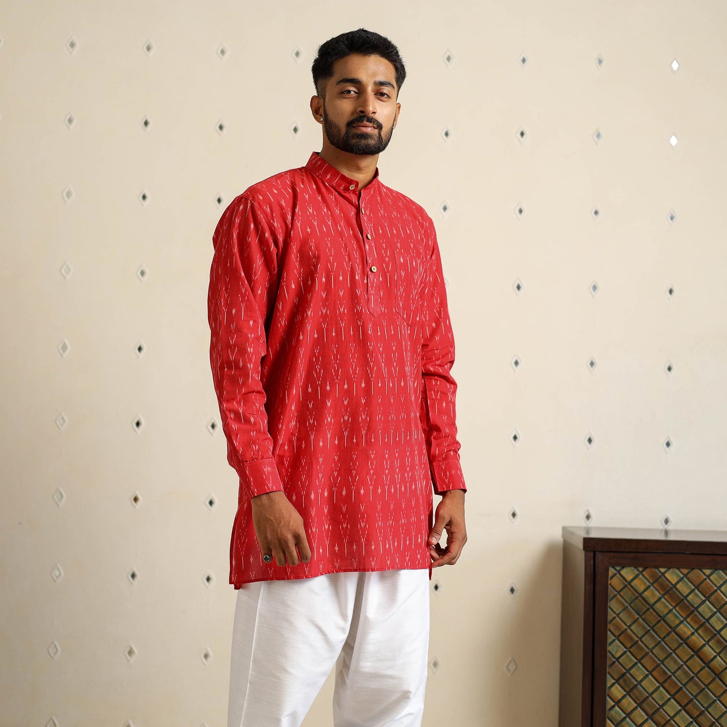 Red Cotton Short Pochampally Ikat Kurta for Men