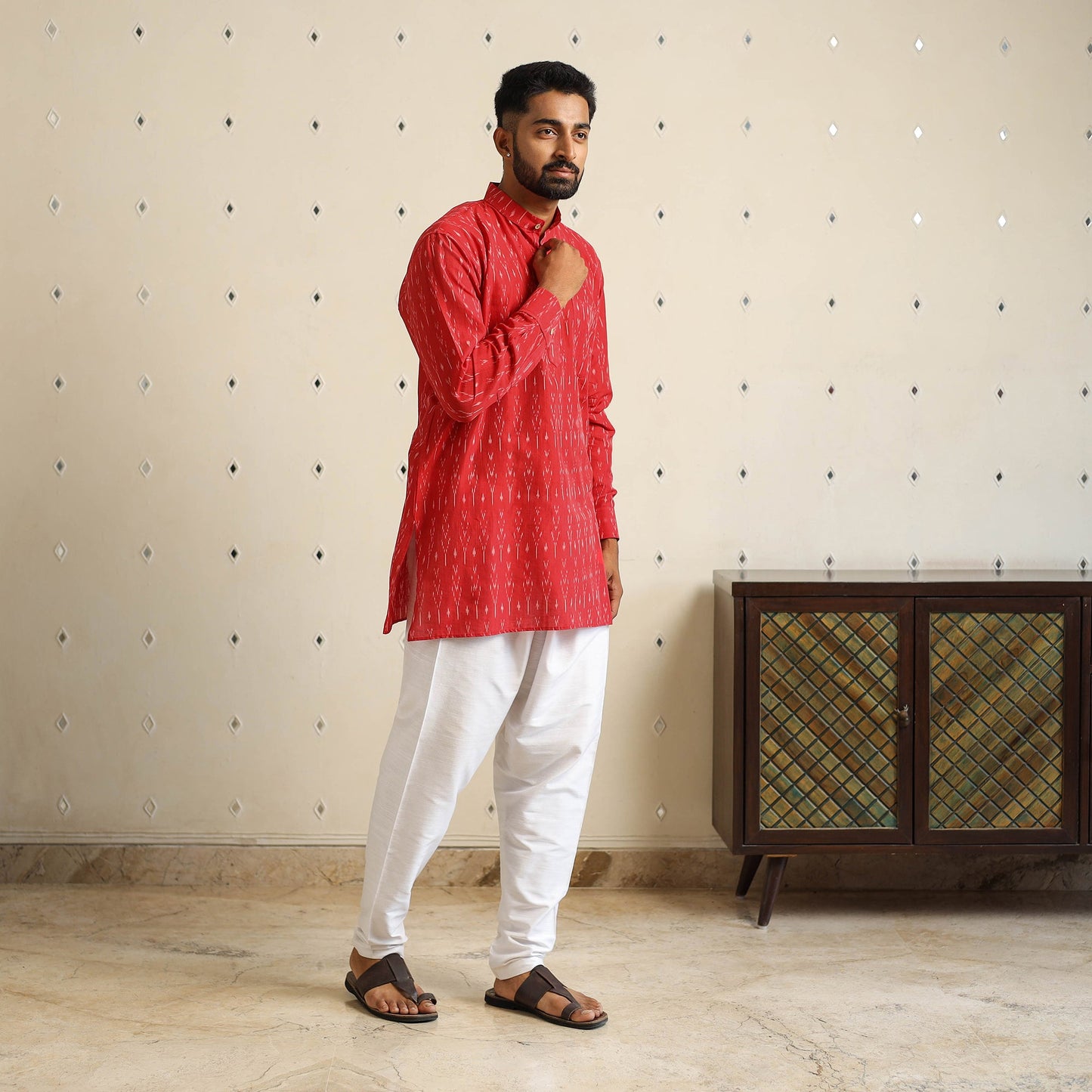 Red Cotton Short Pochampally Ikat Kurta for Men