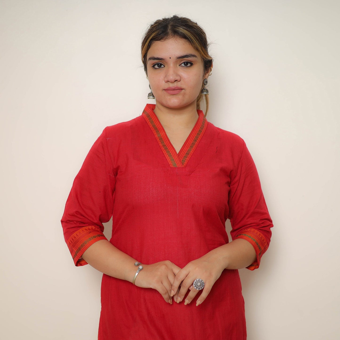 Red - cotton straight dharwad kurta 10 - handcrafted