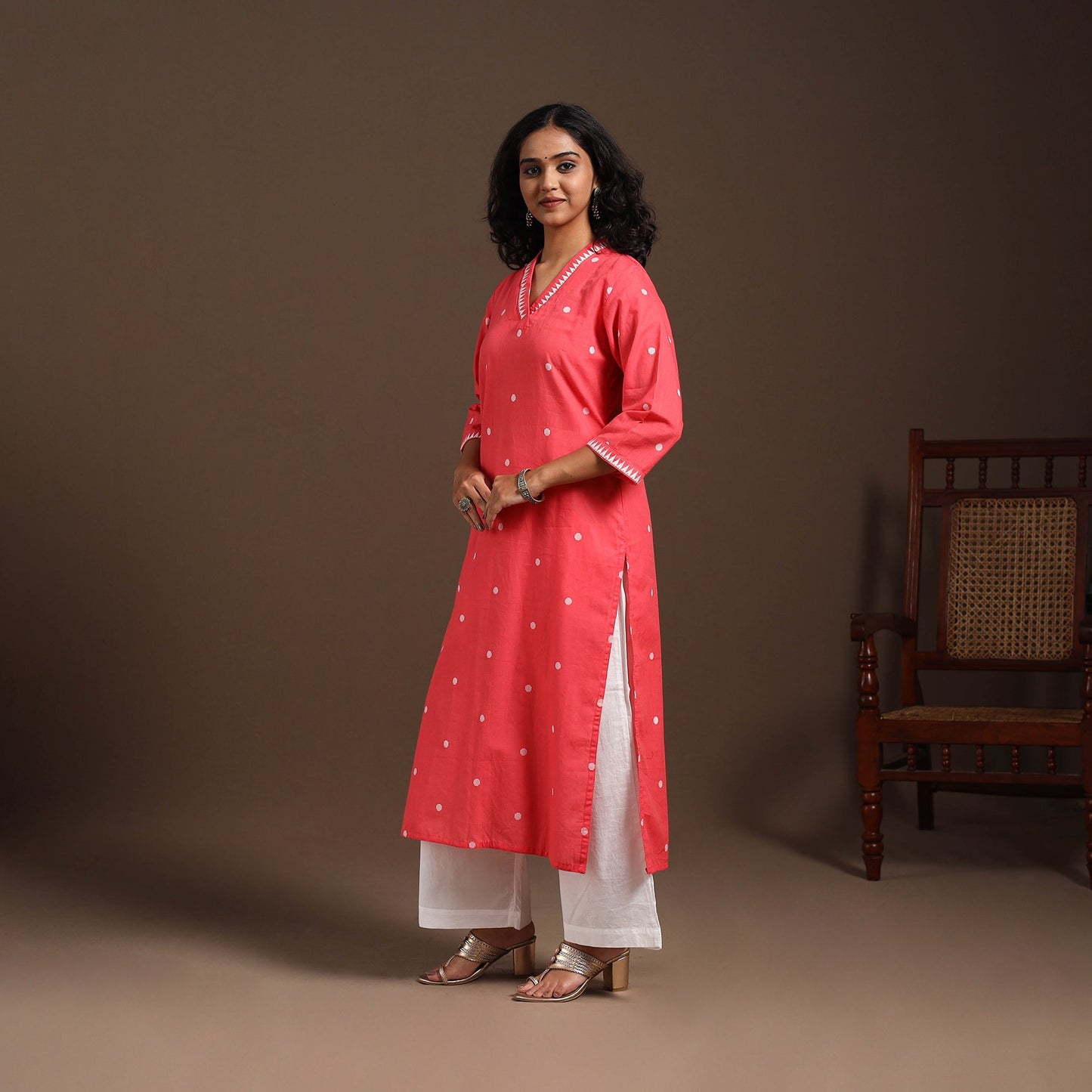 Red - cotton straight jacquard kurta 14 - handcrafted