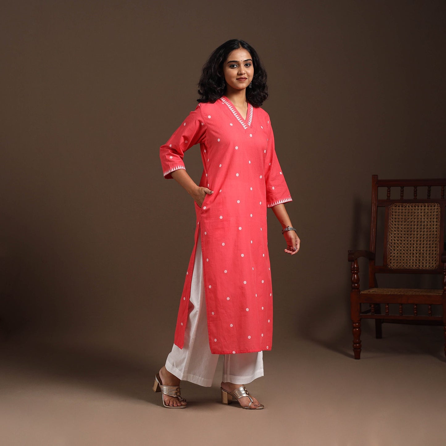 Red - cotton straight jacquard kurta 14 - handcrafted