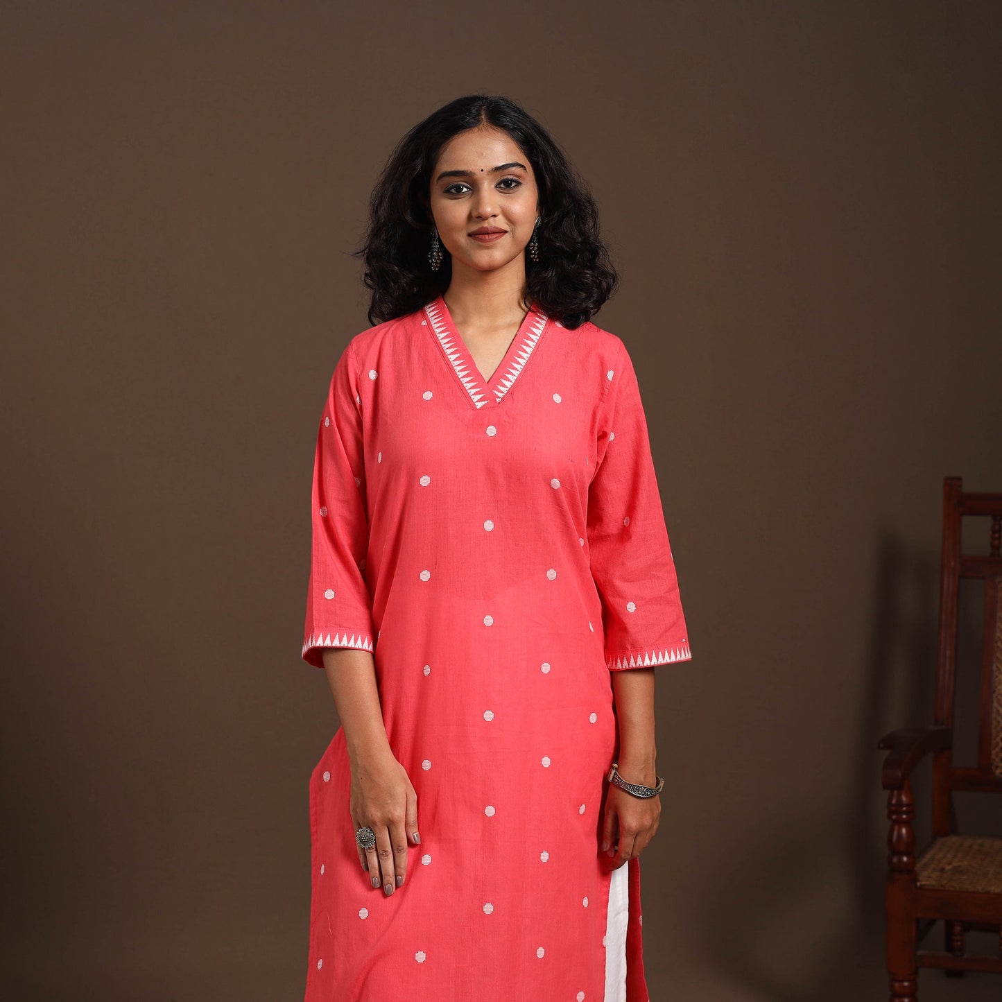 Red - cotton straight jacquard kurta 14 - handcrafted