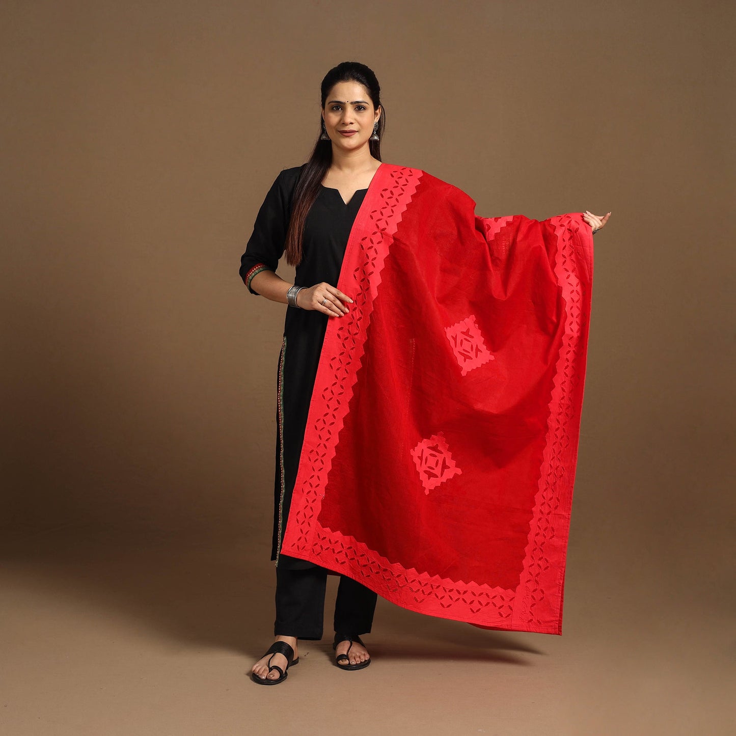Cutwork Cotton Red Barmer Applique Dupatta