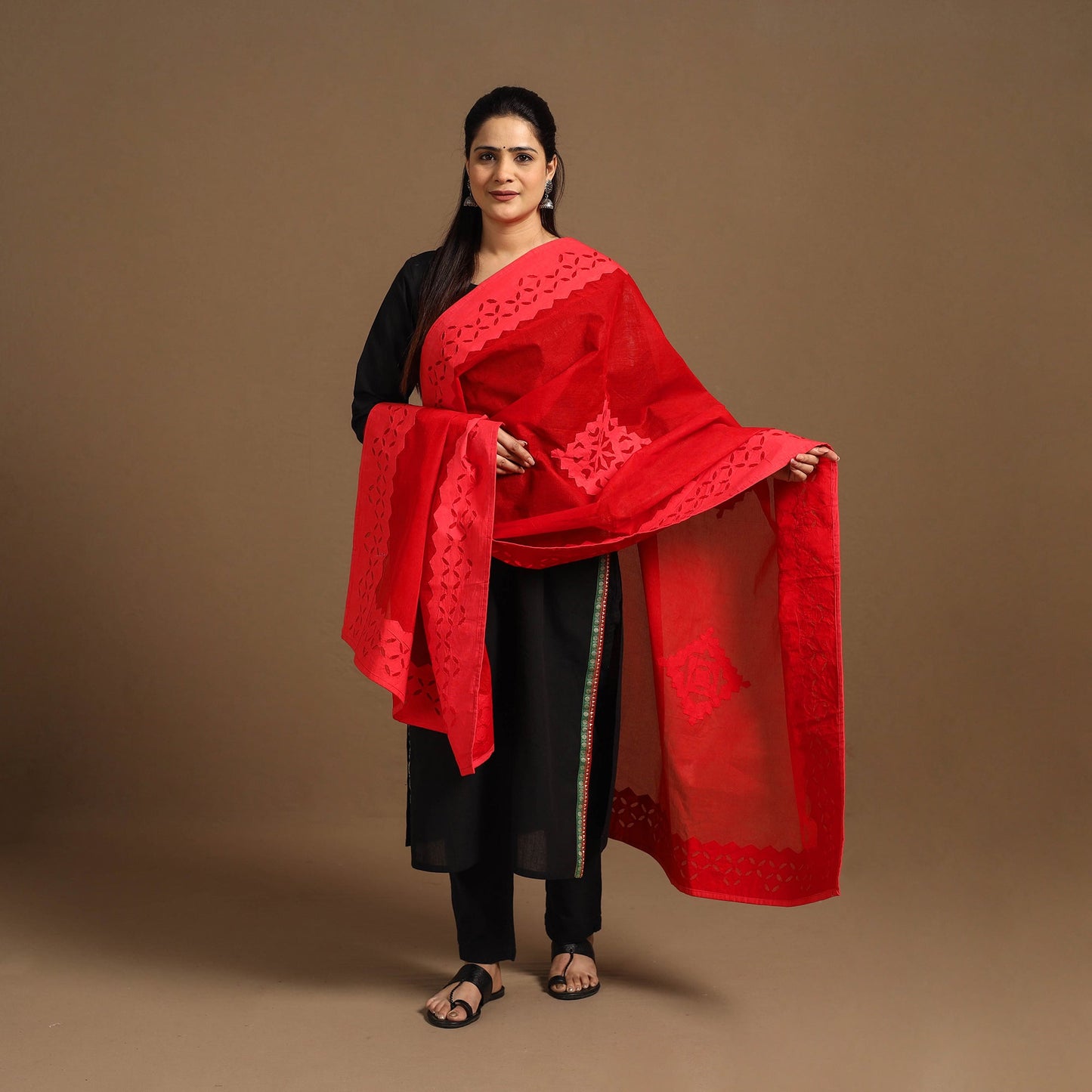 Cutwork Cotton Red Barmer Applique Dupatta