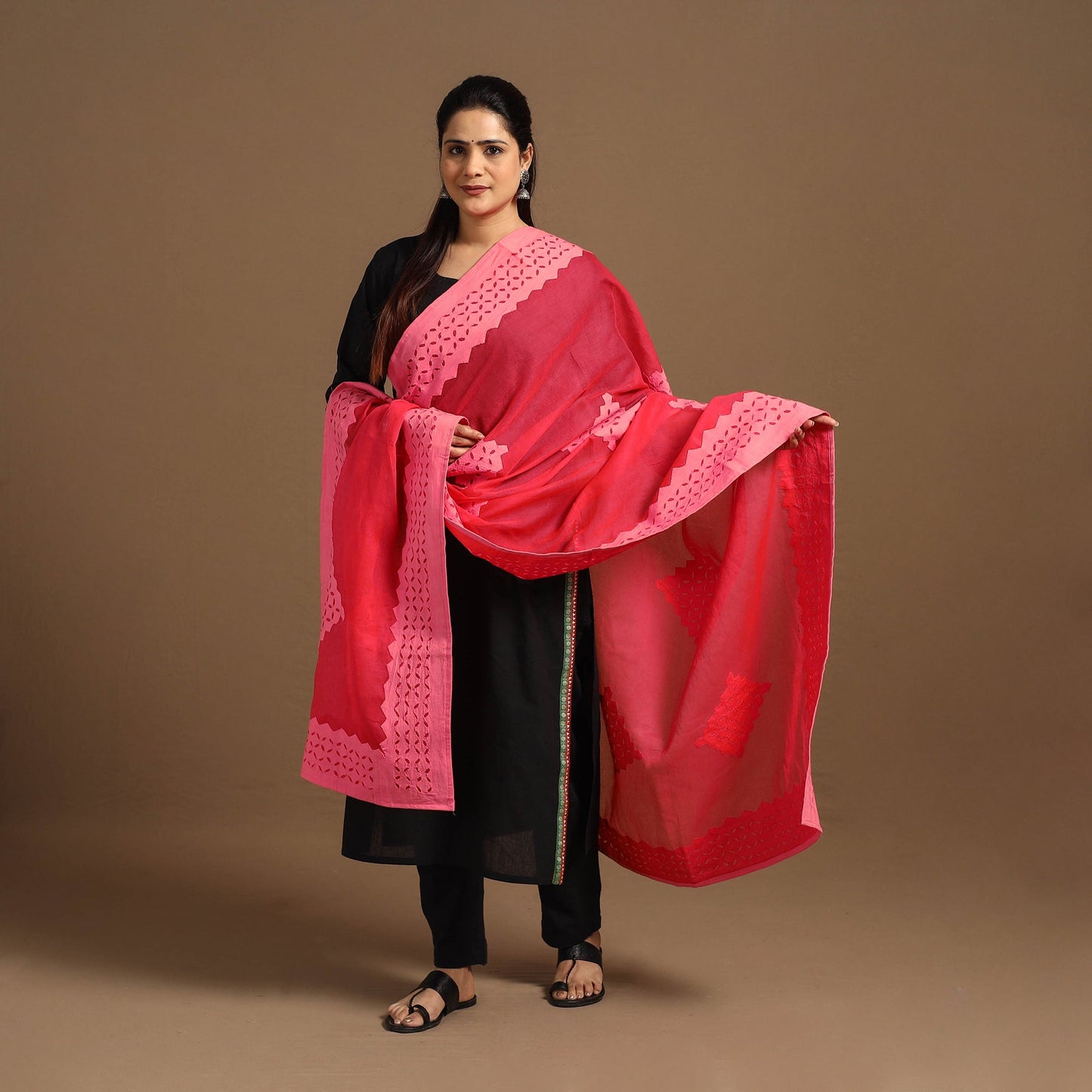 Cutwork Cotton Red Barmer Applique Dupatta