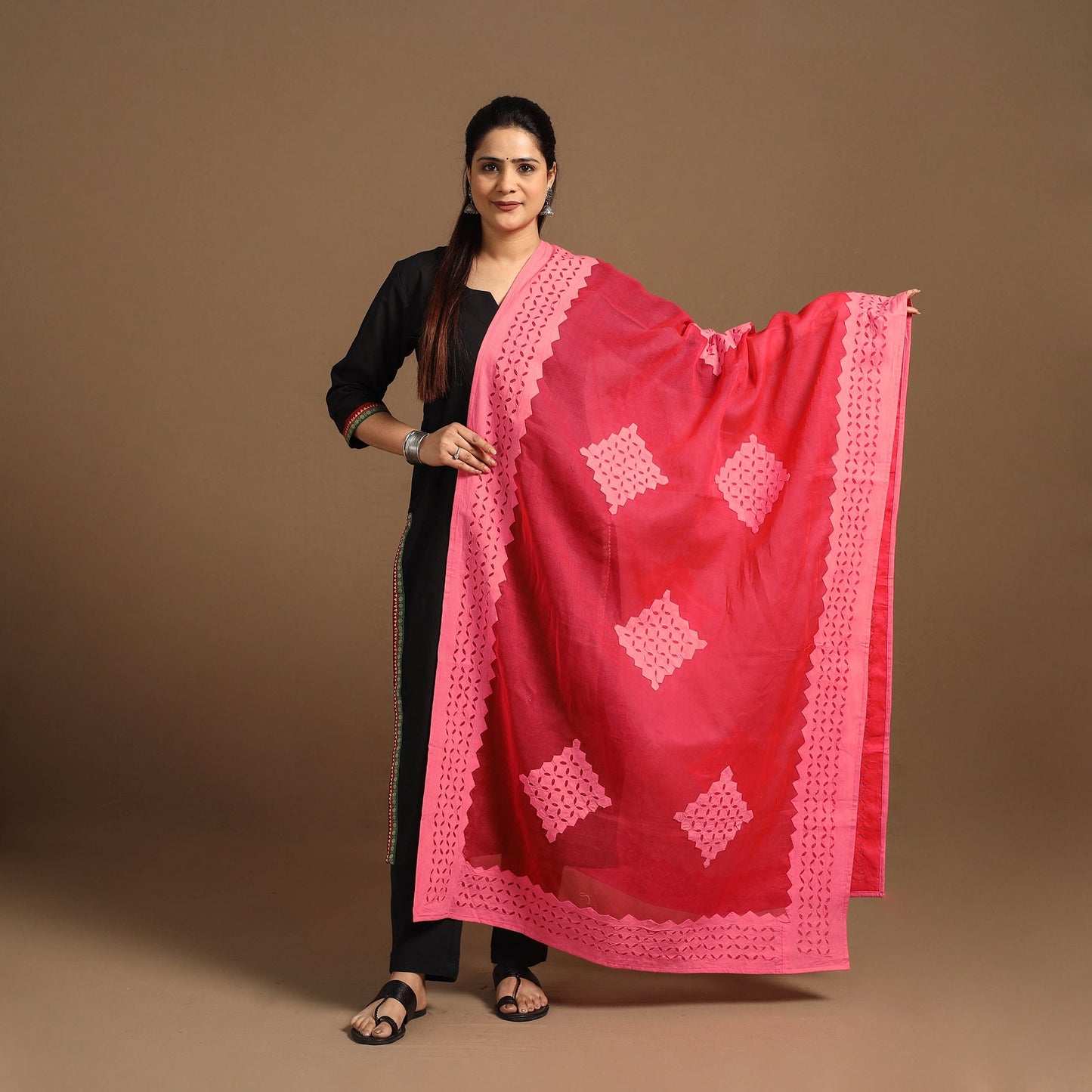 Cutwork Cotton Red Barmer Applique Dupatta