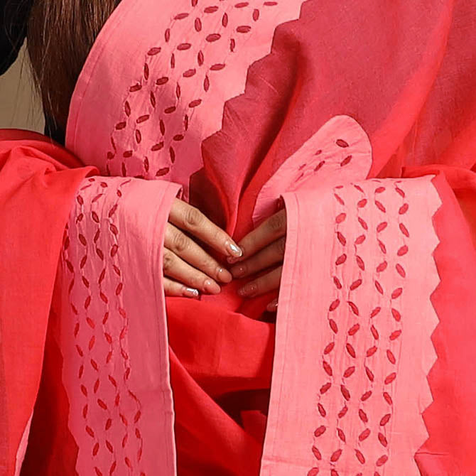 Buy Cutwork Cotton Red Barmer Applique Dupatta
