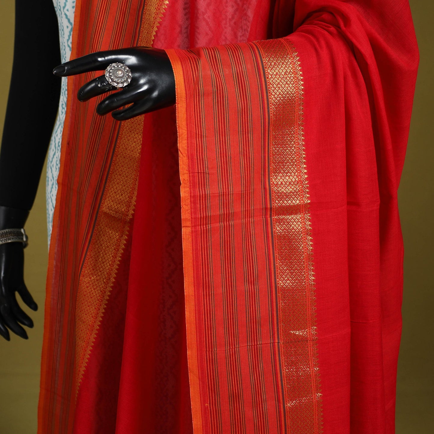 Red - dharwad cotton dupatta with zari border 09