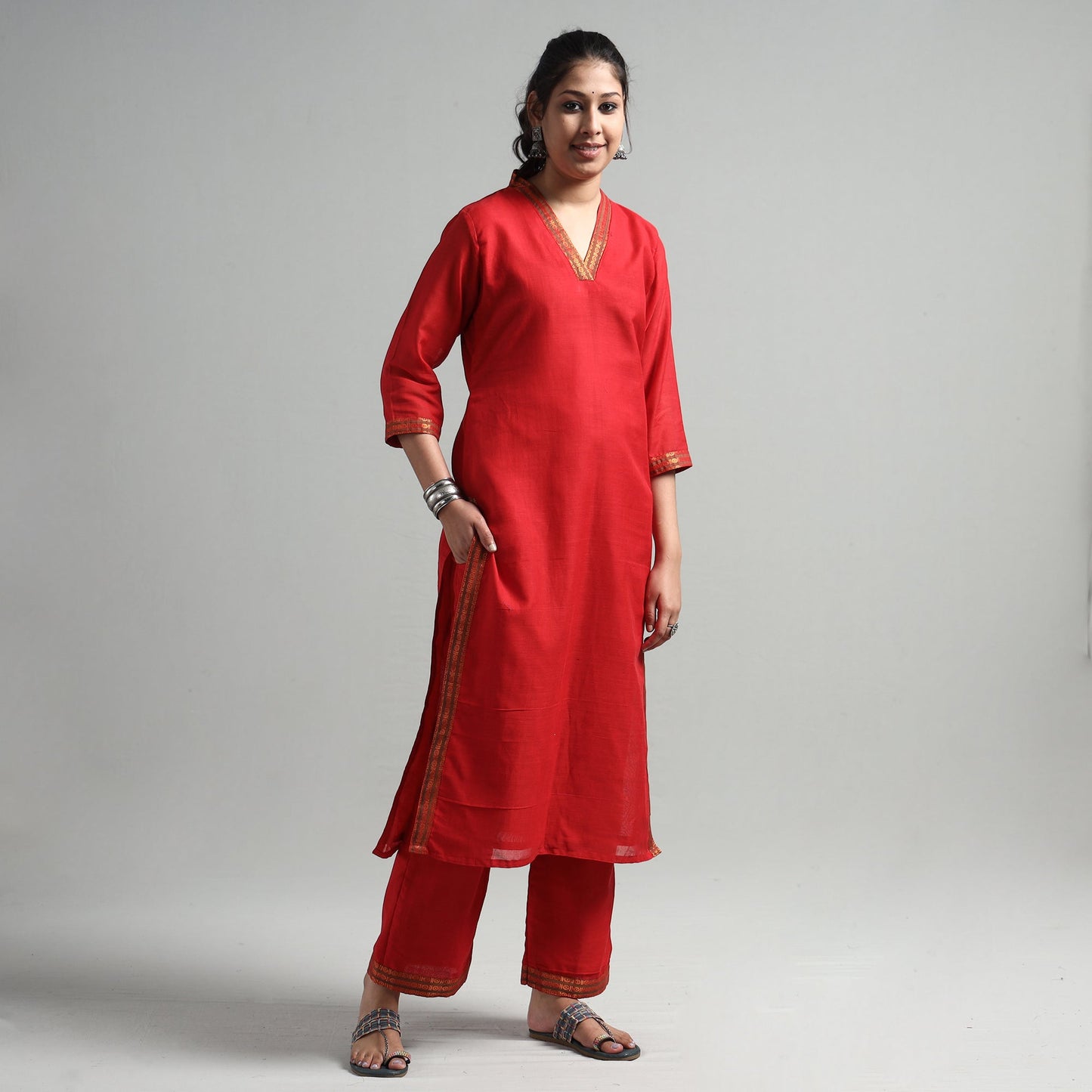 Red - dharwad cotton kurta with palazzo & dupatta set