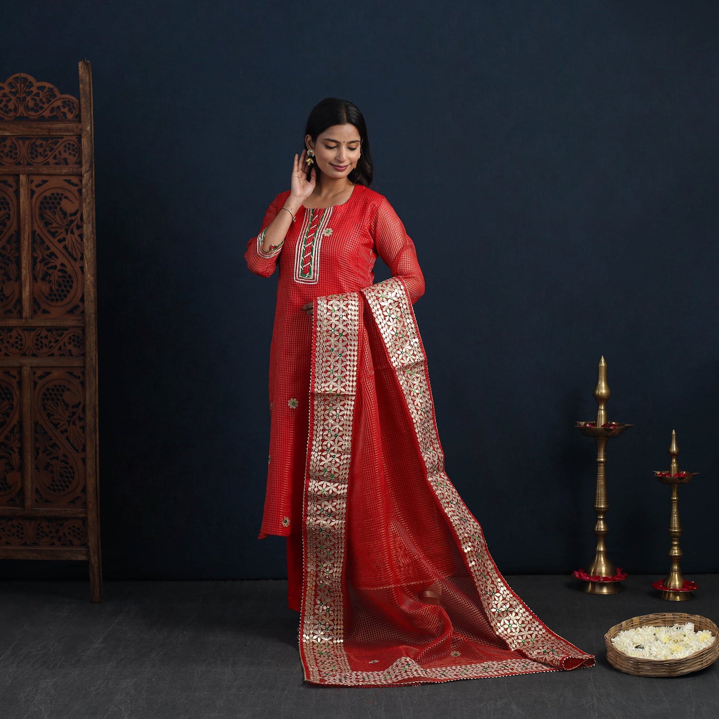 Red Elegant Gota Work Silk Kota Doria Kurta Set