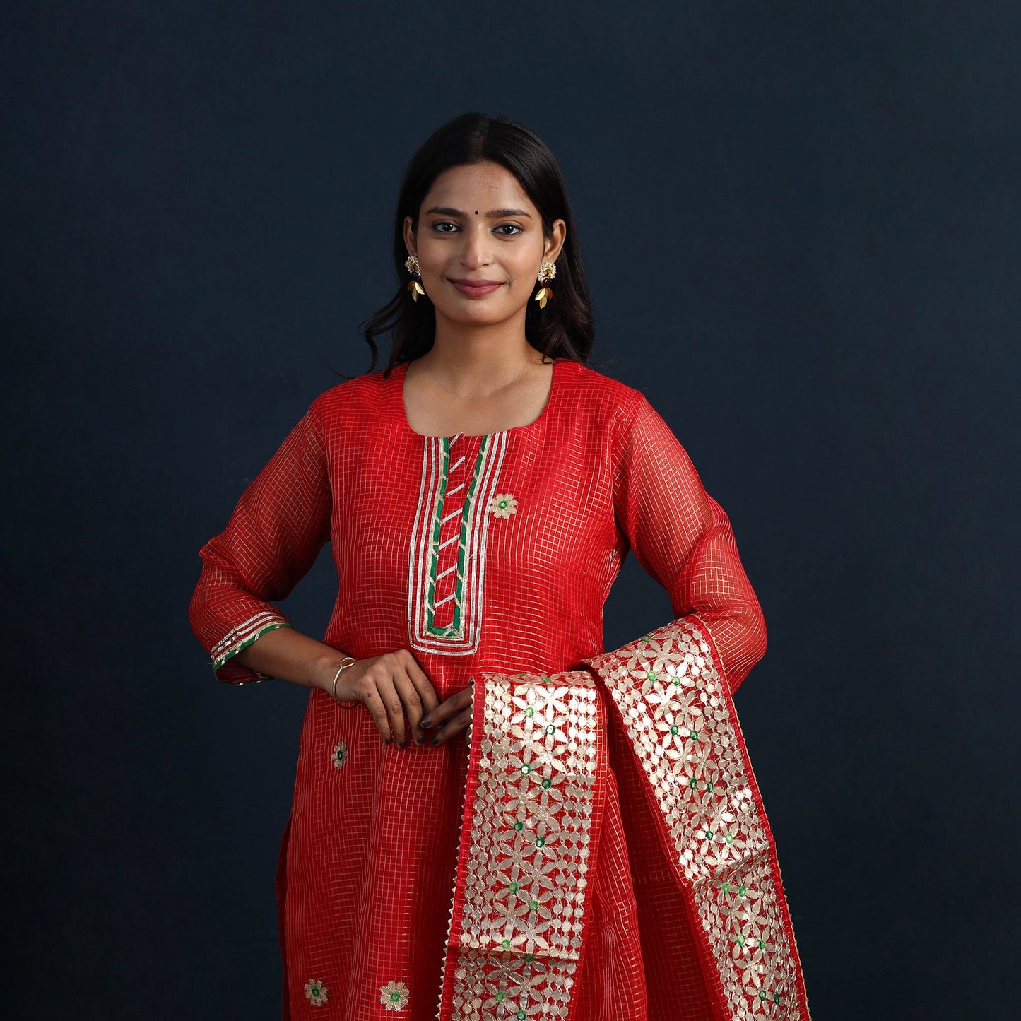 Red Elegant Gota Work Silk Kota Doria Kurta Set