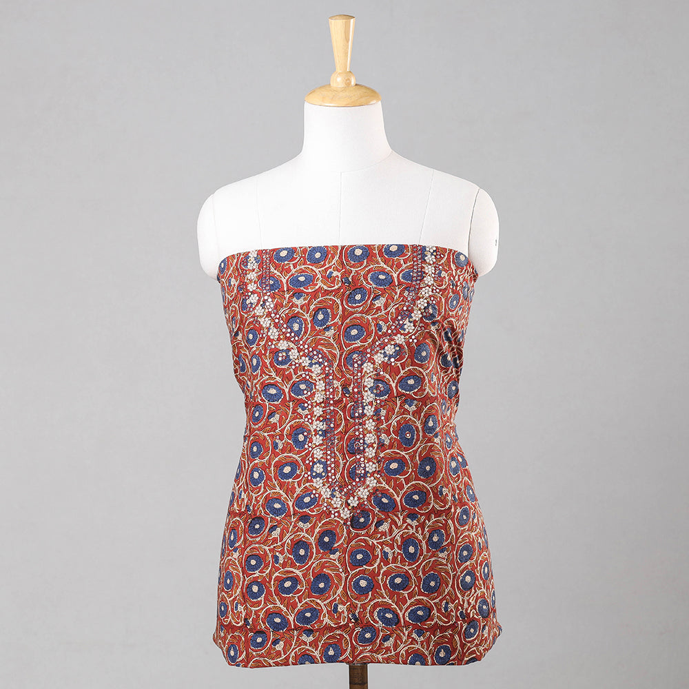 Red - Embroidery Bagru Block Printed Cotton Unstitched Kurta Material - 2.5 meter